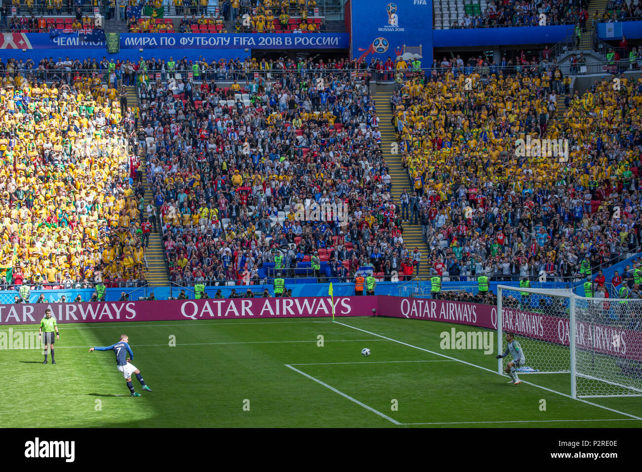 Kazan, Russia. 16th Jun, 2018. French national team forward Antoine Griezmann takes a penalty kick against Australia during the team's first game at the World Cup Russia 2018 in Kazan. Credit: Stephen Lioy/Alamy Live News Stock Photo