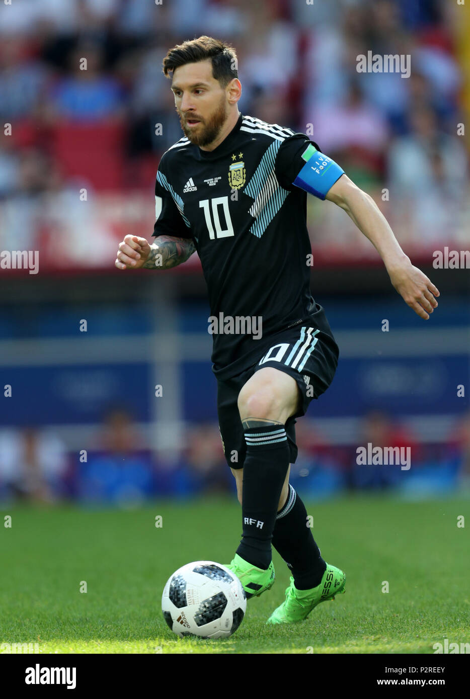 Lionel Messi ARGENTINA ARGENTINA V ICELAND, 2018 FIFA WORLD CUP RUSSIA 16 June 2018 GBC8148 Argentina v Iceland 2018 FIFA World Cup Russia Spartak Stadium Moscow STRICTLY EDITORIAL USE ONLY. If The Player/Players Depicted In This Image Is/Are Playing For An English Club Or The England National Team. Then This Image May Only Be Used For Editorial Purposes. No Commercial Use. The Following Usages Are Also Restricted EVEN IF IN AN EDITORIAL CONTEXT: Use in conjuction with, or part of, any unauthorized audio, video, data, fixture lists, club/league logos, Betting, Games or any ' Stock Photo