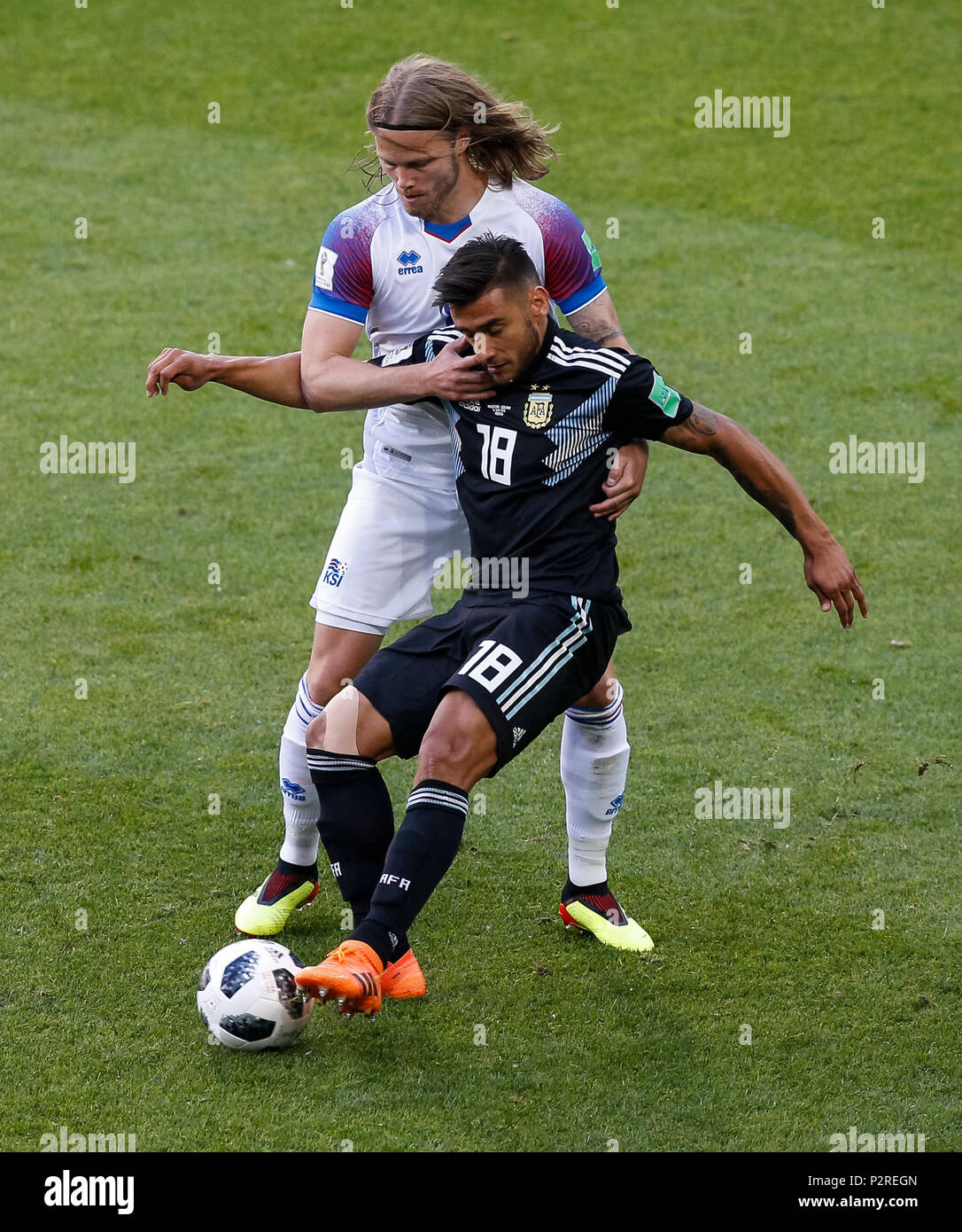 Moscow, Russia. 16th Jun, 2018. Eduardo Salvio of Argentina and Birkir Bjarnason of Iceland during the 2018 FIFA World Cup Group D match between Argentina and Iceland at Spartak Stadium on June 16th 2018 in Moscow, Russia. (Photo by Daniel Chesterton/phcimages.com) Credit: PHC Images/Alamy Live News Stock Photo