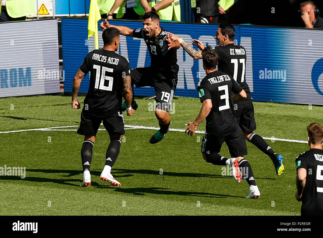 Moscow, Russia. 16th Jun, 2018. Sergio Aguero of Argentina celebrates after scoring his side's first goal to make the score 1-0 during the 2018 FIFA World Cup Group D match between Argentina and Iceland at Spartak Stadium on June 16th 2018 in Moscow, Russia. (Photo by Daniel Chesterton/phcimages.com) Credit: PHC Images/Alamy Live News Stock Photo