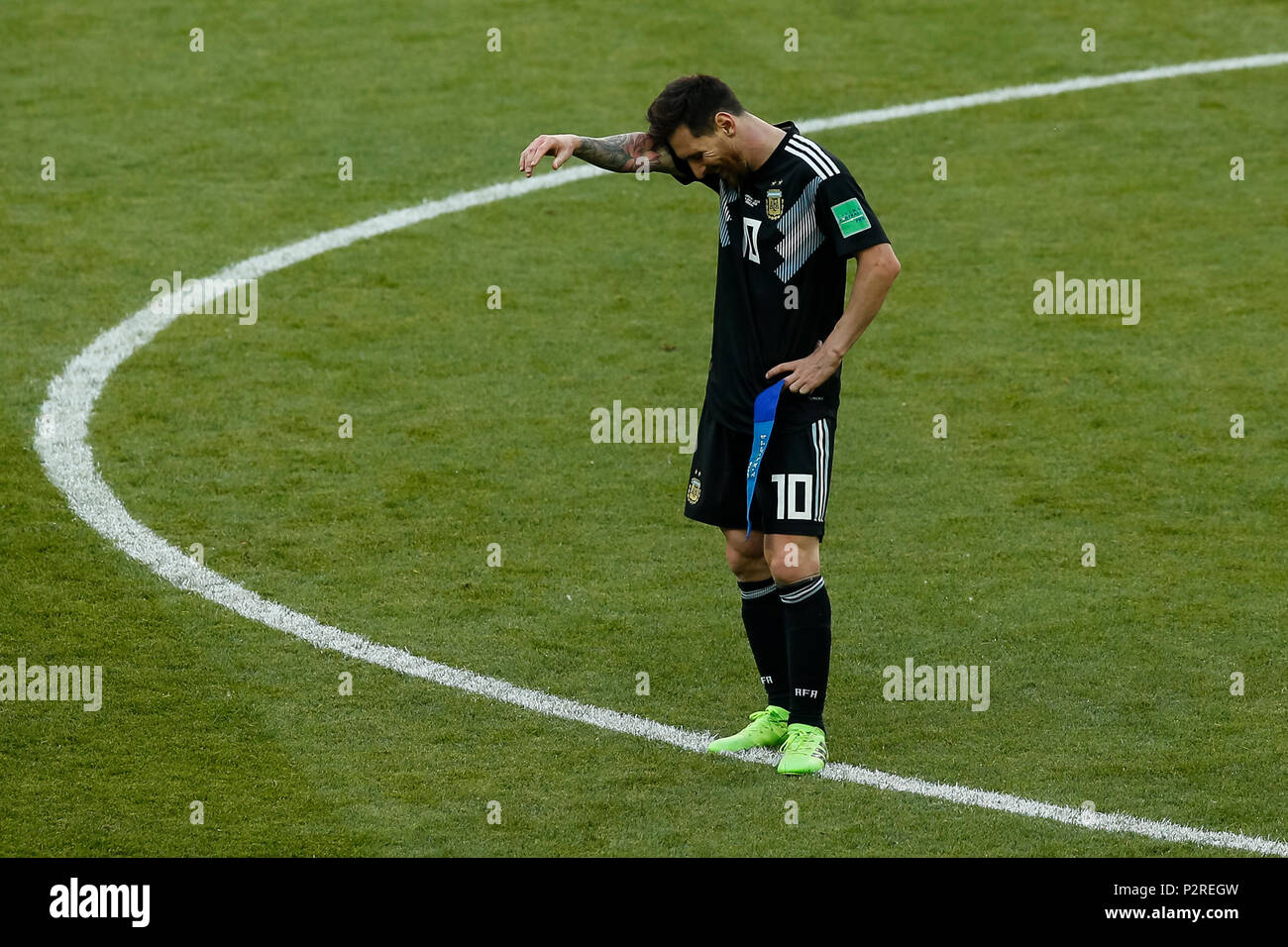 Moscow, Russia. 16th Jun, 2018. Lionel Messi of Argentina looks dejected after the 2018 FIFA World Cup Group D match between Argentina and Iceland at Spartak Stadium on June 16th 2018 in Moscow, Russia. (Photo by Daniel Chesterton/phcimages.com) Credit: PHC Images/Alamy Live News Stock Photo