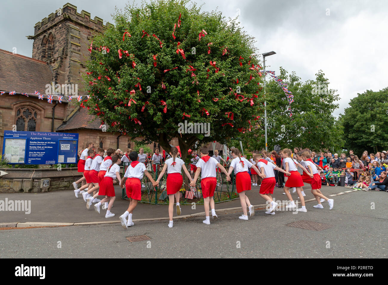 Appleton Thorn, Cheshire. 16 June 2018 - Bawming the Thorn at Appleton Thorn, Cheshire, England, UK. A celebration and re=enactment of Adam de Dutton's return from the Crusades Credit: John Hopkins/Alamy Live News Credit: John Hopkins/Alamy Live News Stock Photo