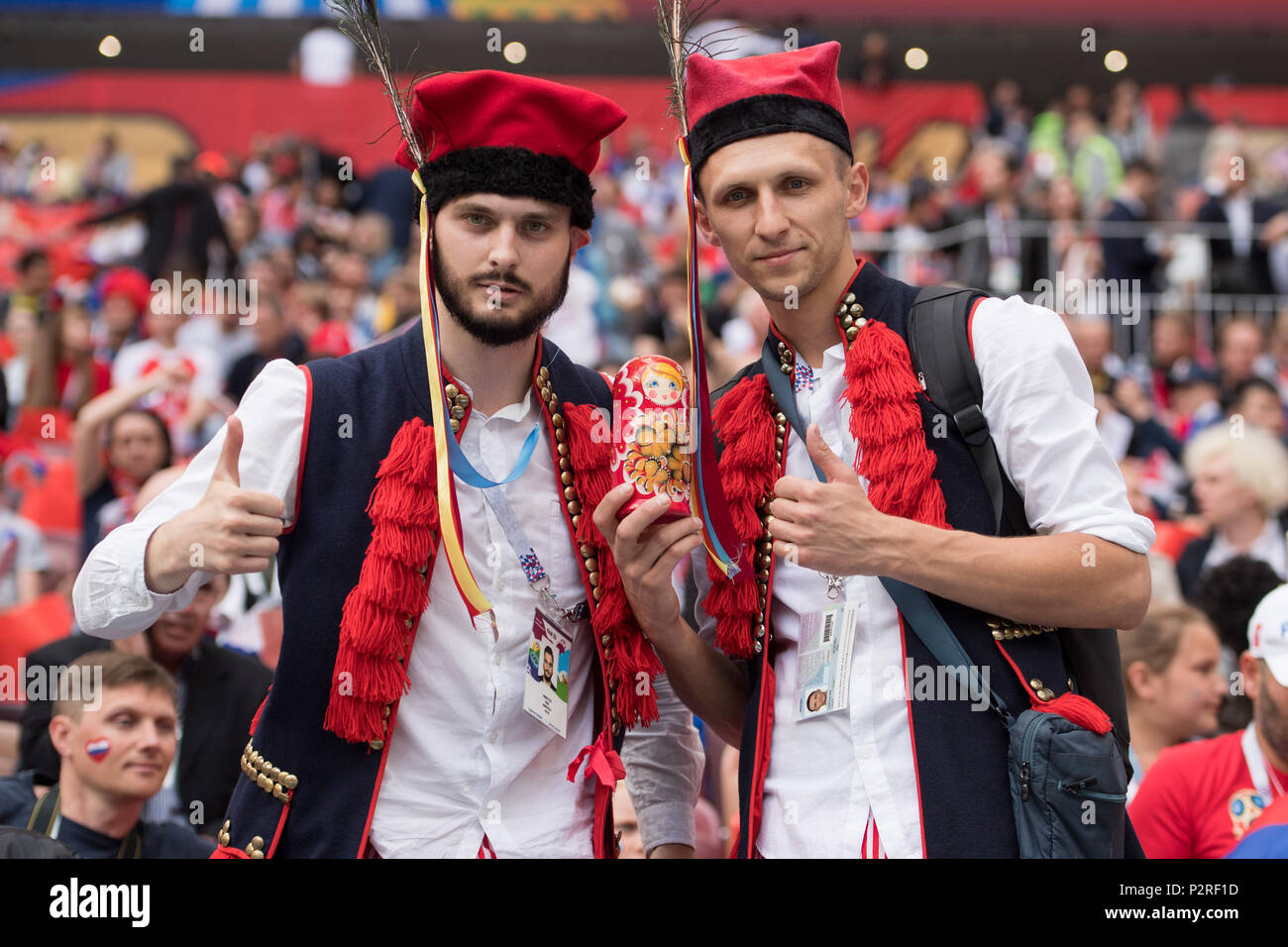 Two Russian fans disguised, half figure, half figure, gesture, gesture, fan, fans, spectators, supporters, supporters, Russia (RUS) - Saudi Arabia (KSA) 5: 0, preliminary round, group A, match 1, 14.06. 2018 in Moscow; Football World Cup 2018 in Russia from 14.06. - 15.07.2018. | usage worldwide Stock Photo