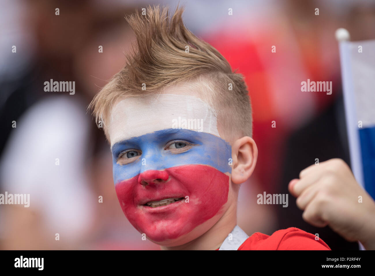 Child with russian face painting, Portrait, Portrsst, Portrait, Close up, Fan, Fans, Spectator, Trailer, Supporter, Russia (RUS) - Saudi Arabia (KSA) 5: 0, Preliminary Round, Group A, Game 1, at 14.06. 2018 in Moscow; Football World Cup 2018 in Russia from 14.06. - 15.07.2018. | usage worldwide Stock Photo