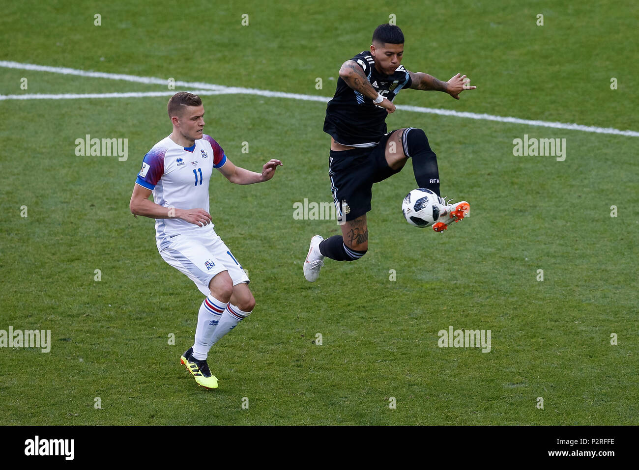 Moscow, Russia. 16th Jun, 2018. Alfred Finnbogason of Iceland and Marcos Rojo of Argentina during the 2018 FIFA World Cup Group D match between Argentina and Iceland at Spartak Stadium on June 16th 2018 in Moscow, Russia. (Photo by Daniel Chesterton/phcimages.com) Credit: PHC Images/Alamy Live News Stock Photo