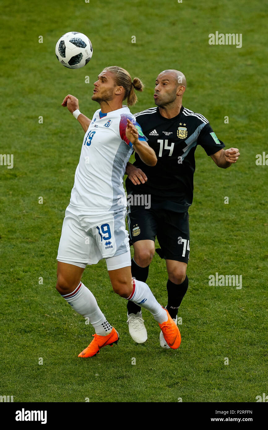 Moscow, Russia. 16th Jun, 2018. Rurik Gislason of Iceland and Javier Mascherano of Argentina during the 2018 FIFA World Cup Group D match between Argentina and Iceland at Spartak Stadium on June 16th 2018 in Moscow, Russia. (Photo by Daniel Chesterton/phcimages.com) Credit: PHC Images/Alamy Live News Stock Photo