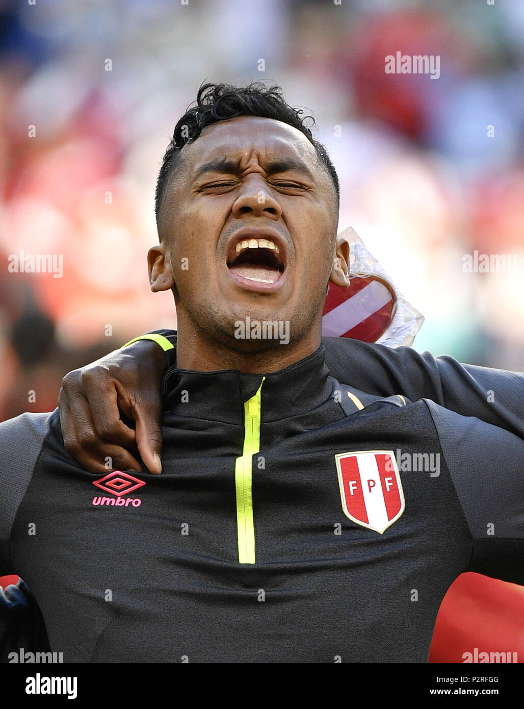 Saransk, Russia. 16th June, 2018. Renato Tapia of Peru sings national anthem prior to a group C match between Peru and Denmark at the 2018 FIFA World Cup in Saransk, Russia, June 16, 2018. Credit: Lui Siu Wai/Xinhua/Alamy Live News Stock Photo
