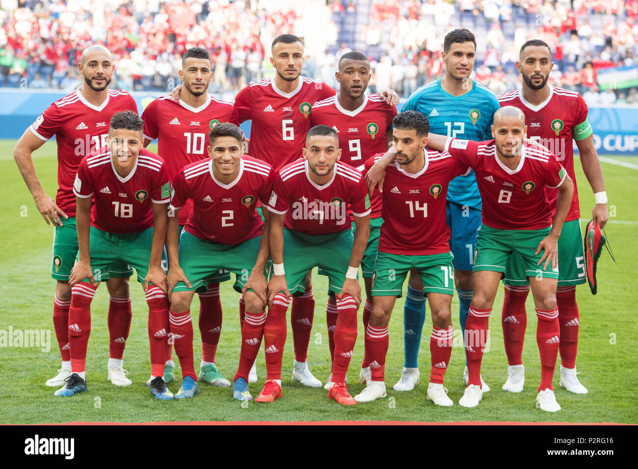 ORleft to right Noureddine AMRABAT (MAR), Younes BELHANDA (MAR), Romain SAISS (MAR), Ayoub EL KAABI (MAR), goalkeeper Monir EL KAJOUI (MAR), Mehdi BENATIA (MAR), uRleft to right Amine HARIT (MAR), Achraf HAKIMI (MAR), Hakim ZIYACH (MAR), Mbark BOUSSOUFA (MAR), Karim EL AHMADI (MAR), team picture, group picture, full figure, landscape, Morocco (MAR) - Iran (IRN) 0: 1, preliminary round, Group B, Game 4, on 15.06.2018 in St.Petersburg; Football World Cup 2018 in Russia from 14.06. - 15.07.2018. | usage worldwide Stock Photo