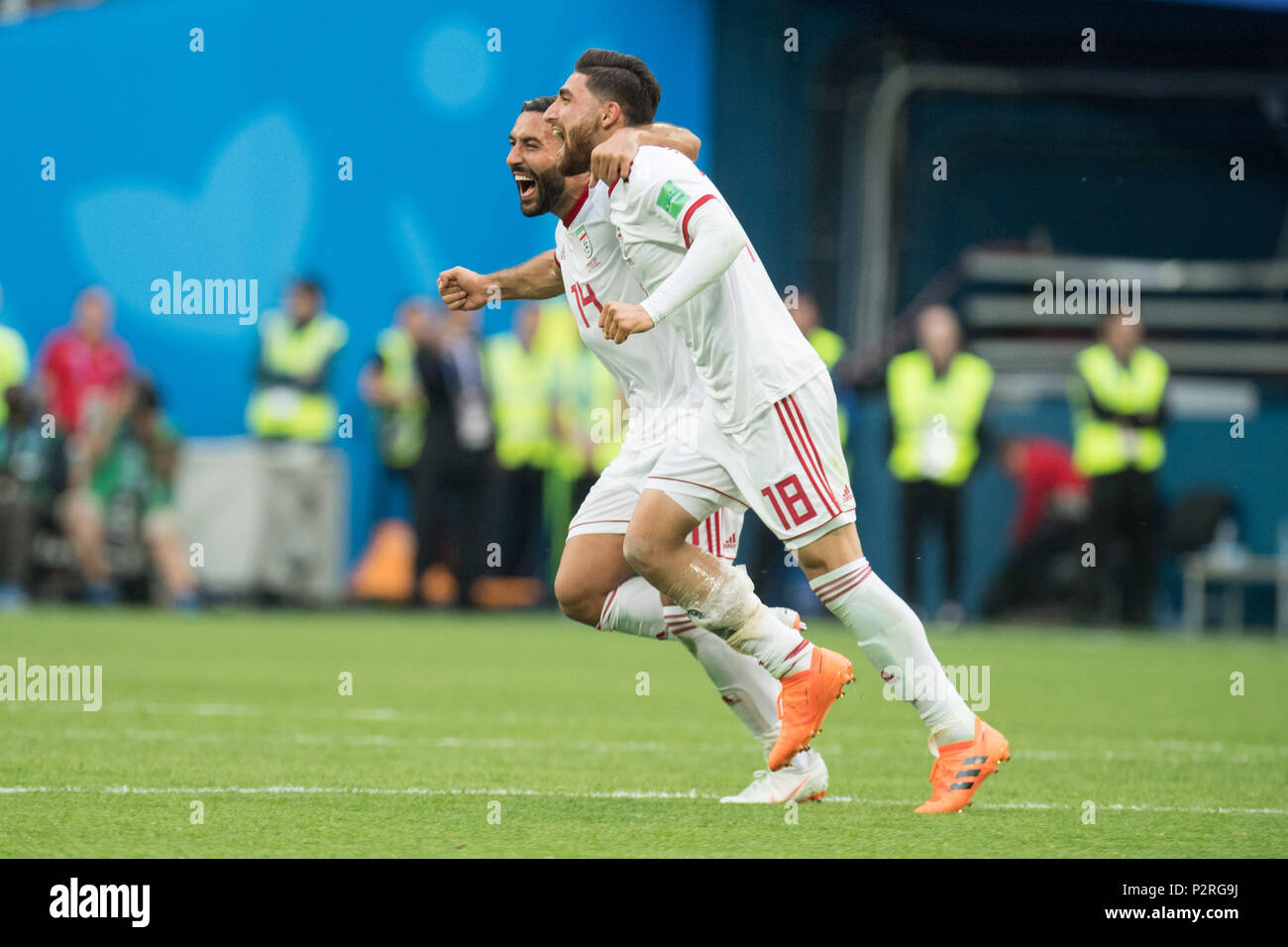 Alireza JAHANBAKHSH (right, IRN) and Saman GHODDOS (IRN) cheer after the end of the game, jubilation, cheering, cheering, joy, cheers, celebrate, final jubilation, full figure, Morocco (MAR) - Iran (IRN) 0: 1, Preliminary Round, Group B, Game 4, on 15.06.2018 in St.Petersburg; Football World Cup 2018 in Russia from 14.06. - 15.07.2018. | usage worldwide Stock Photo