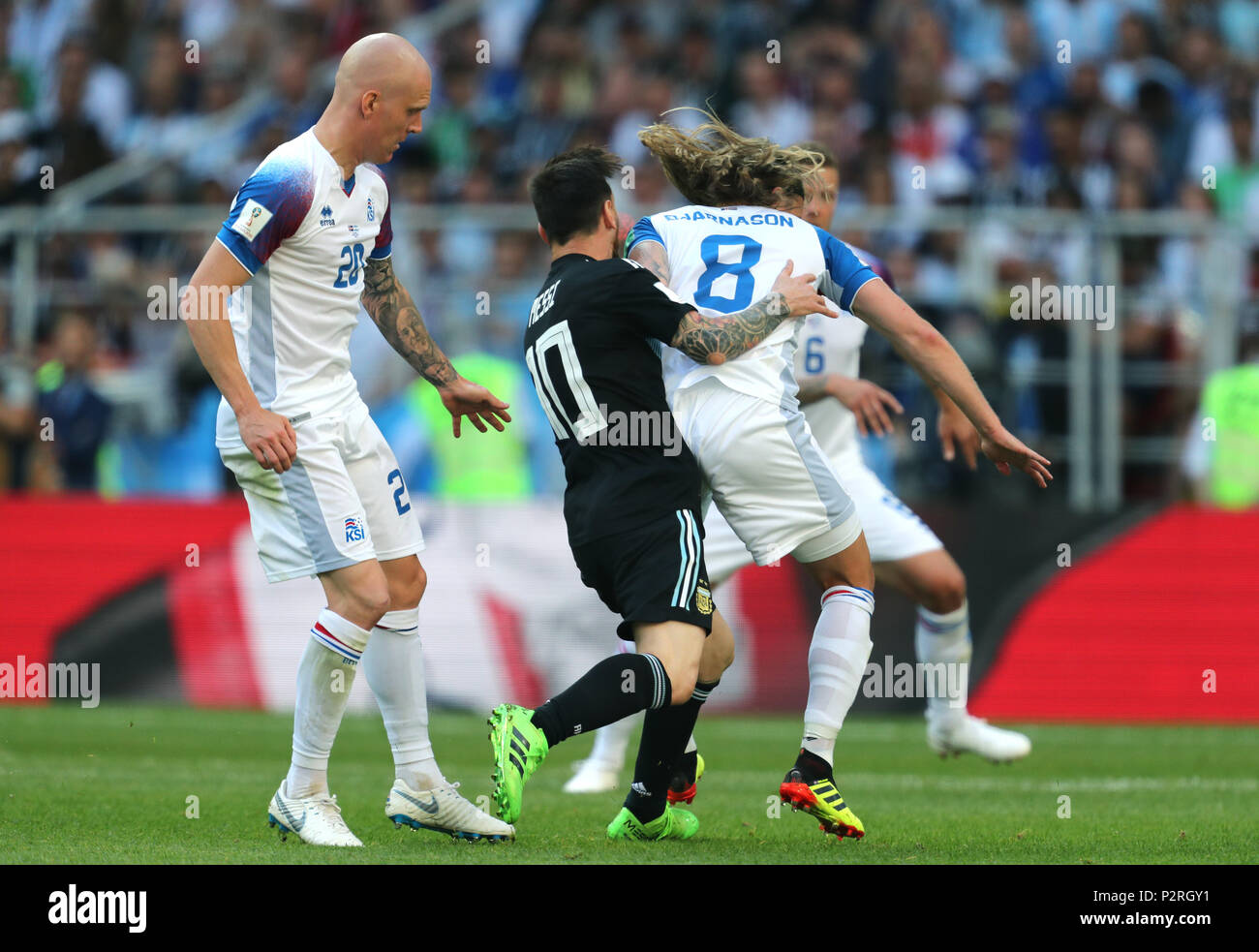 Birkir Bjarnason & Lionel Messi  ARGENTINA V ICELAND  ARGENTINA V ICELAND , 2018 FIFA WORLD CUP RUSSIA  16 June 2018  GBC8151  2018 FIFA World Cup Russia Spartak Stadium Moscow    STRICTLY EDITORIAL USE ONLY.   If The Player/Players Depicted In This Image Is/Are Playing For An English Club Or The England National Team.   Then This Image May Only Be Used For Editorial Purposes. No Commercial Use.    The Following Usages Are Also Restricted EVEN IF IN AN EDITORIAL CONTEXT:   Use in conjuction with, or part of, any unauthorized audio, video, data, fixture lists, club/league logos, Betting, Games  Stock Photo