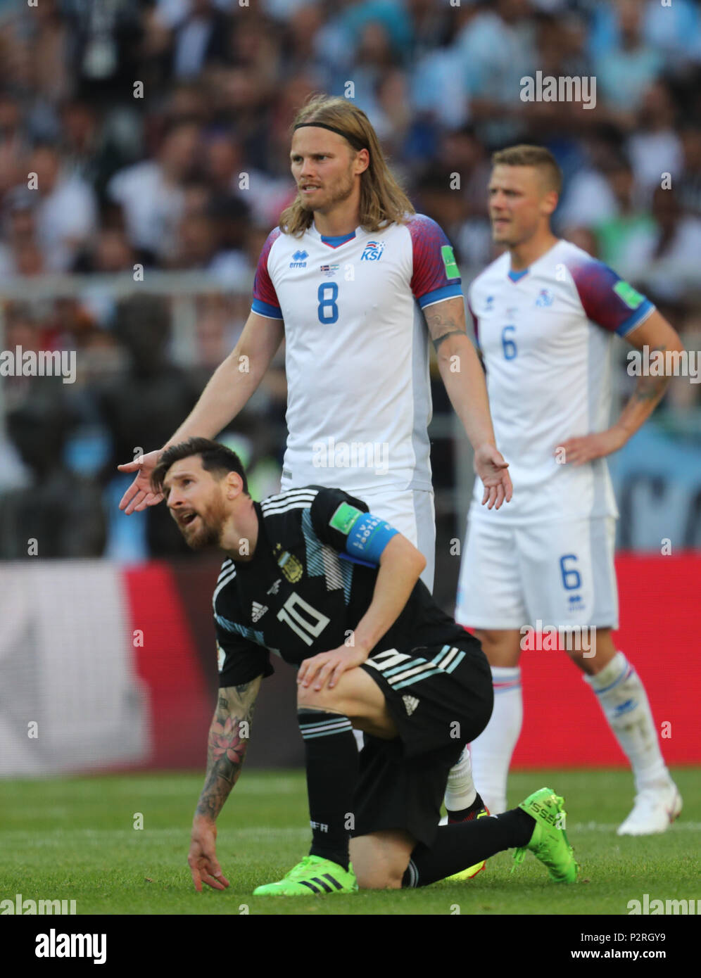 Birkir Bjarnason & Lionel Messi  ARGENTINA V ICELAND  ARGENTINA V ICELAND , 2018 FIFA WORLD CUP RUSSIA  16 June 2018  GBC8152  2018 FIFA World Cup Russia Spartak Stadium Moscow    STRICTLY EDITORIAL USE ONLY.   If The Player/Players Depicted In This Image Is/Are Playing For An English Club Or The England National Team.   Then This Image May Only Be Used For Editorial Purposes. No Commercial Use.    The Following Usages Are Also Restricted EVEN IF IN AN EDITORIAL CONTEXT:   Use in conjuction with, or part of, any unauthorized audio, video, data, fixture lists, club/league logos, Betting, Games  Stock Photo