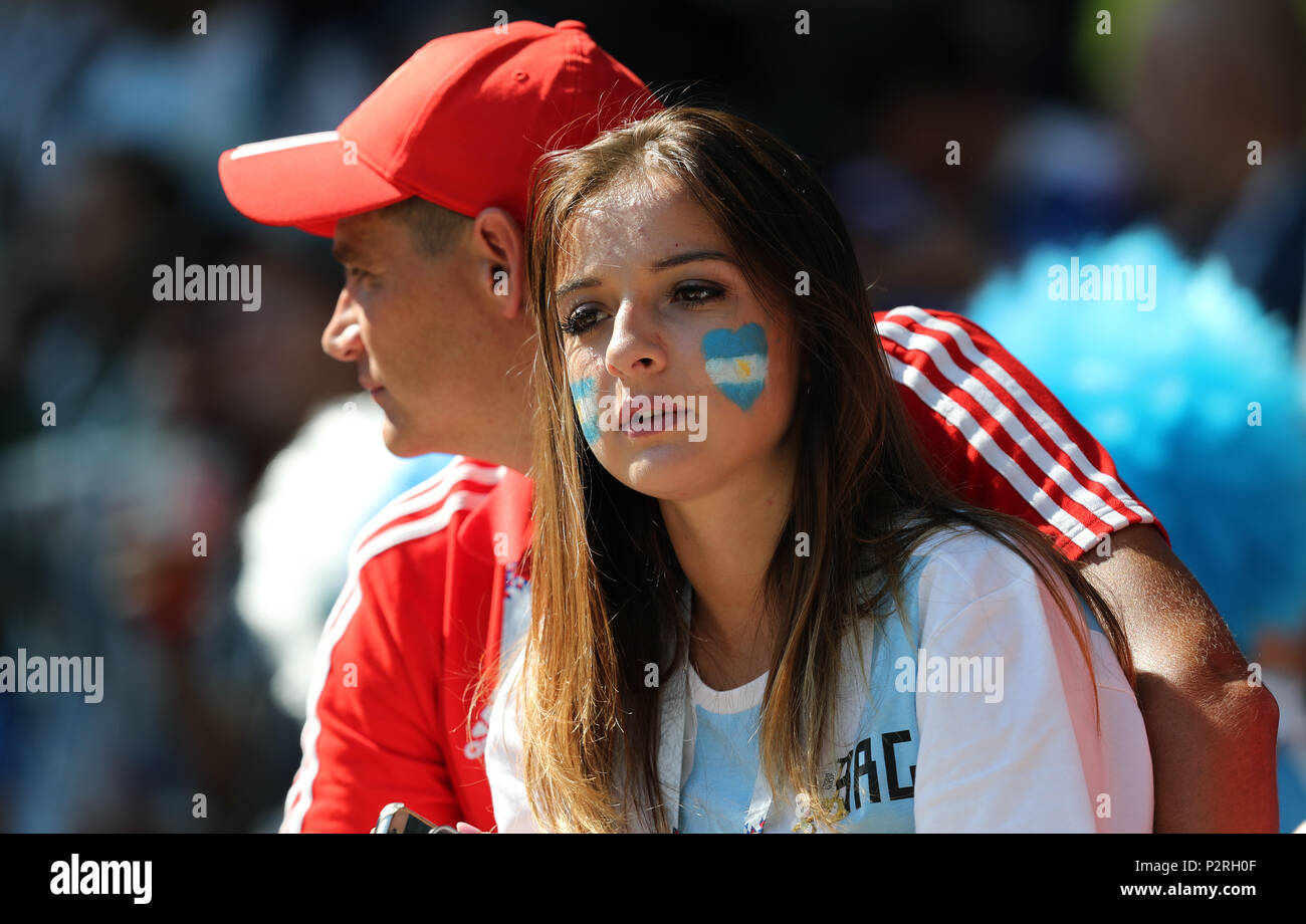 Pretty Argentina fan  ARGENTINA V ICELAND  ARGENTINA V ICELAND , 2018 FIFA WORLD CUP RUSSIA  16 June 2018  GBC8154  2018 FIFA World Cup Russia Spartak Stadium Moscow    STRICTLY EDITORIAL USE ONLY.   If The Player/Players Depicted In This Image Is/Are Playing For An English Club Or The England National Team.   Then This Image May Only Be Used For Editorial Purposes. No Commercial Use.    The Following Usages Are Also Restricted EVEN IF IN AN EDITORIAL CONTEXT:   Use in conjuction with, or part of, any unauthorized audio, video, data, fixture lists, club/league logos, Betting, Games or any 'liv Stock Photo