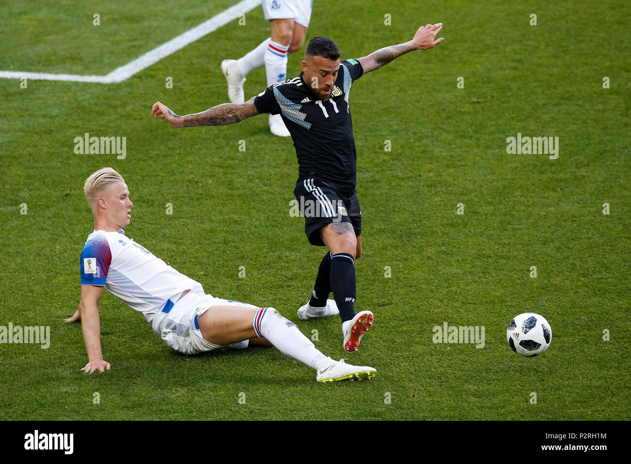 Moscow, Russia. 16th Jun, 2018. Nicolas Otamendi of Argentina and Hordur Magnusson of Iceland during the 2018 FIFA World Cup Group D match between Argentina and Iceland at Spartak Stadium on June 16th 2018 in Moscow, Russia. (Photo by Daniel Chesterton/phcimages.com) Credit: PHC Images/Alamy Live News Stock Photo