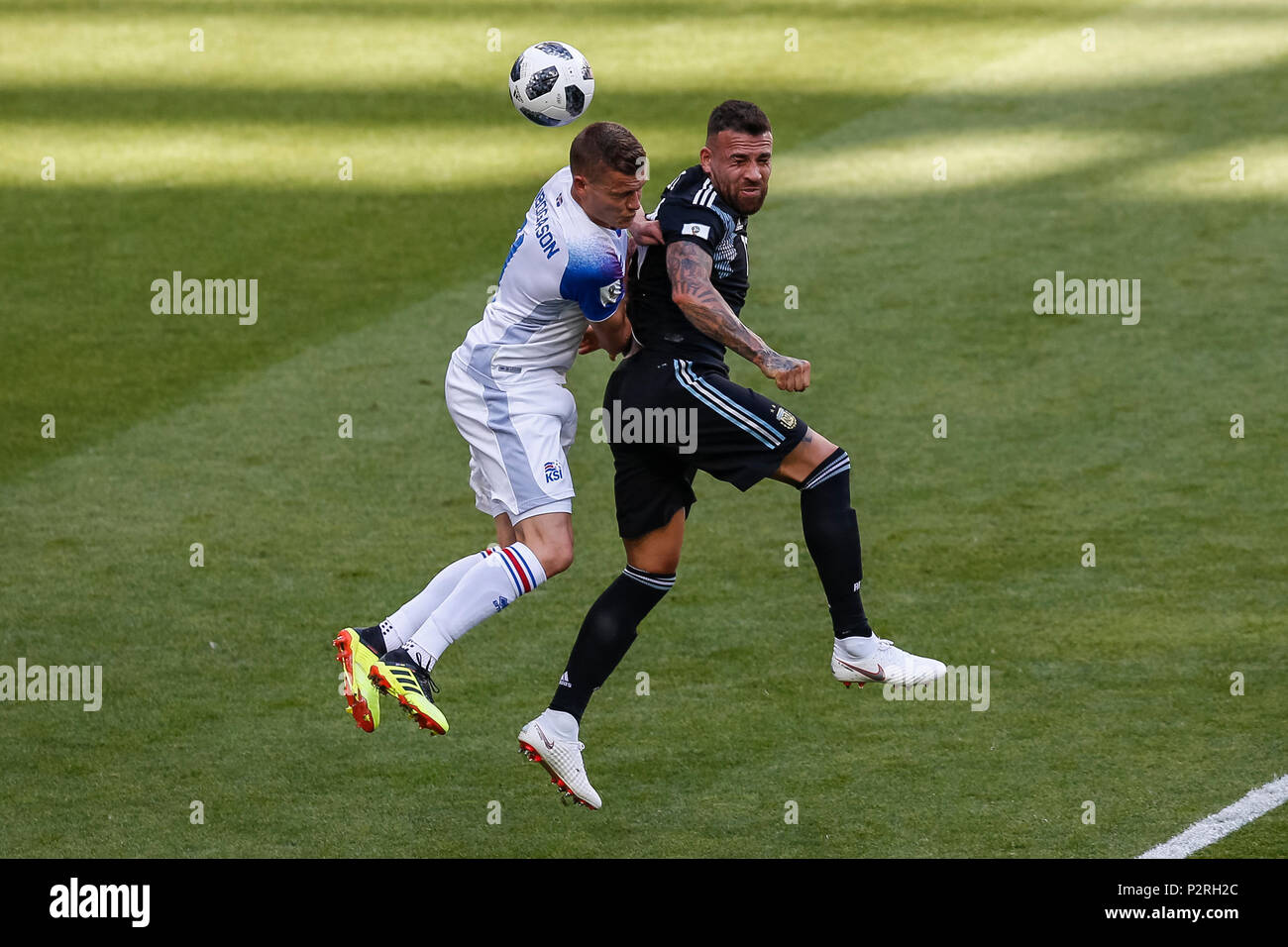 Moscow, Russia. 16th Jun, 2018. Alfred Finnbogason of Iceland and Nicolas Otamendi of Argentina during the 2018 FIFA World Cup Group D match between Argentina and Iceland at Spartak Stadium on June 16th 2018 in Moscow, Russia. (Photo by Daniel Chesterton/phcimages.com) Credit: PHC Images/Alamy Live News Stock Photo