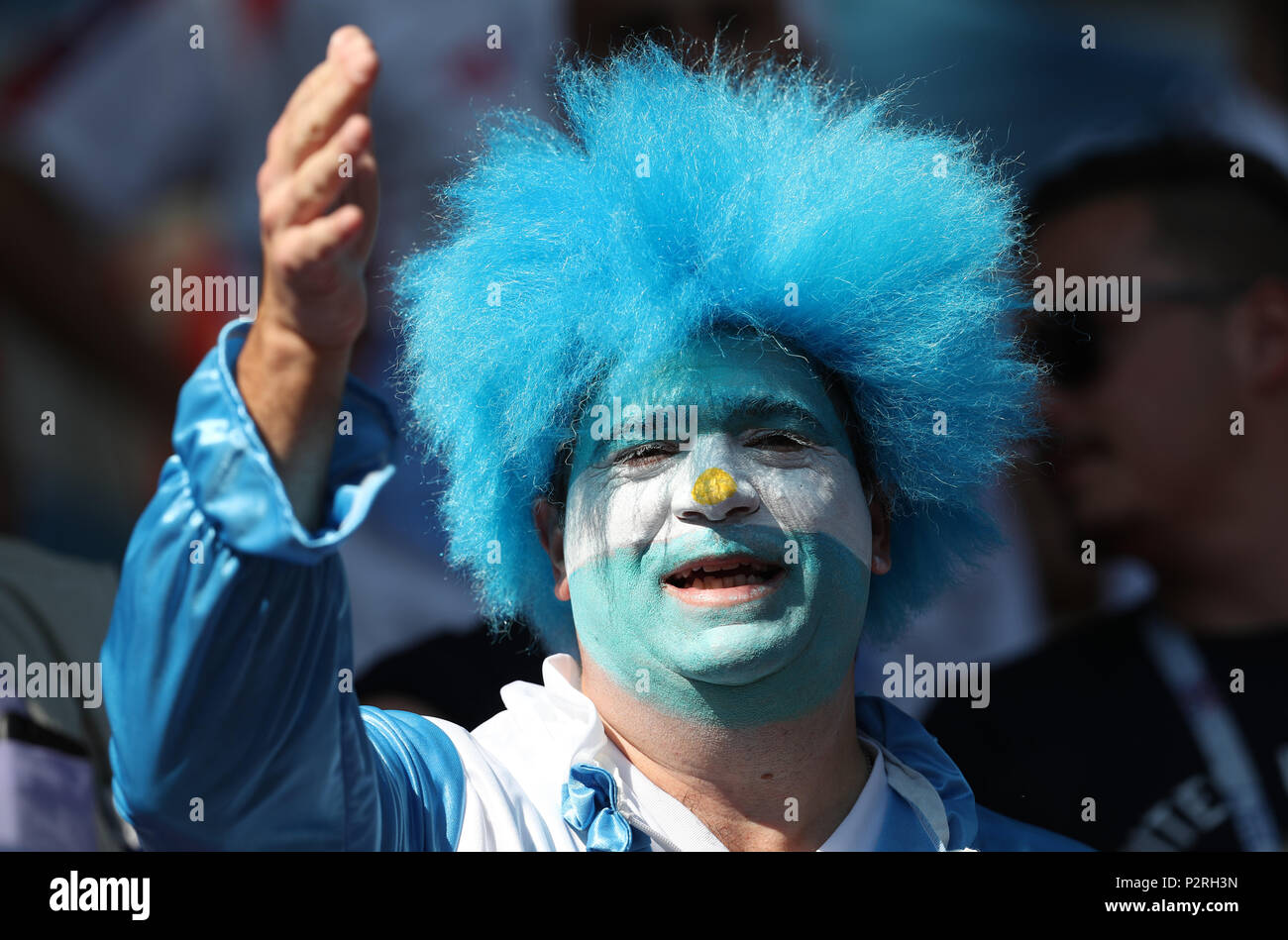 Argentina fan  ARGENTINA V ICELAND  ARGENTINA V ICELAND , 2018 FIFA WORLD CUP RUSSIA  16 June 2018  GBC8158  2018 FIFA World Cup Russia Spartak Stadium Moscow    STRICTLY EDITORIAL USE ONLY.   If The Player/Players Depicted In This Image Is/Are Playing For An English Club Or The England National Team.   Then This Image May Only Be Used For Editorial Purposes. No Commercial Use.    The Following Usages Are Also Restricted EVEN IF IN AN EDITORIAL CONTEXT:   Use in conjuction with, or part of, any unauthorized audio, video, data, fixture lists, club/league logos, Betting, Games or any 'live' serv Stock Photo