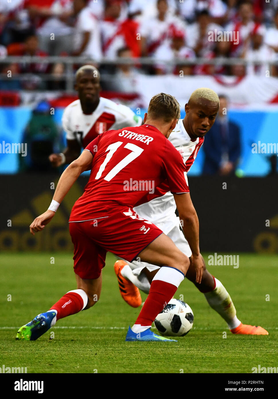 Mordovia Arena, Mordovia, Russia. 16th June, 2018. FIFA World Cup Football, Group C, Peru versus Denmark; Jens Stryger Larsen of Denmark and Andre Carrillo of Peru fight for the ball Credit: Action Plus Sports/Alamy Live News Stock Photo