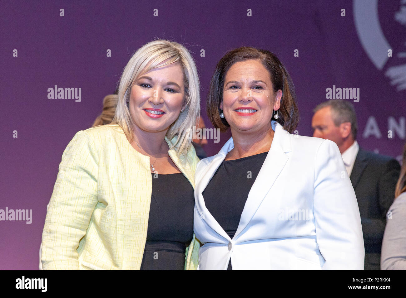 Waterfront Hall, Belfast, Ireland 16th June 2018. Sinn Feins'  Ard Fheis final session discussing Brexit and International Solidarity - Motions 156-171. Leader Mary Lou McDonald with closing speech of the 2018 Ard Fheis at the Waterfront Hall, Belfast Stock Photo