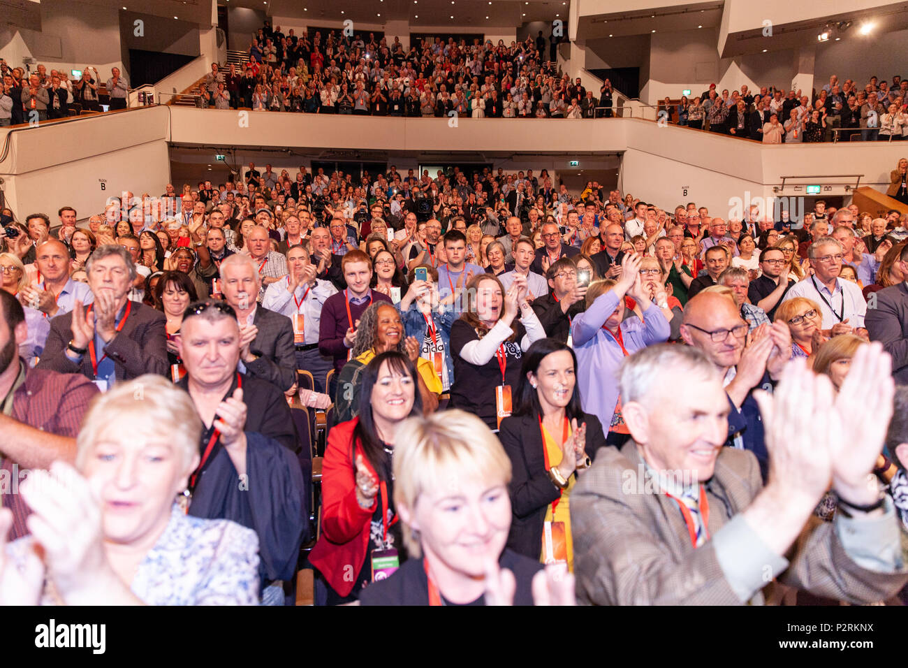 Waterfront Hall, Belfast, Ireland 16th June 2018. Sinn Feins'  Ard Fheis final session discussing Brexit and International Solidarity - Motions 156-171. Leader Mary Lou McDonald with closing speech of the 2018 Ard Fheis at the Waterfront Hall, Belfast Stock Photo