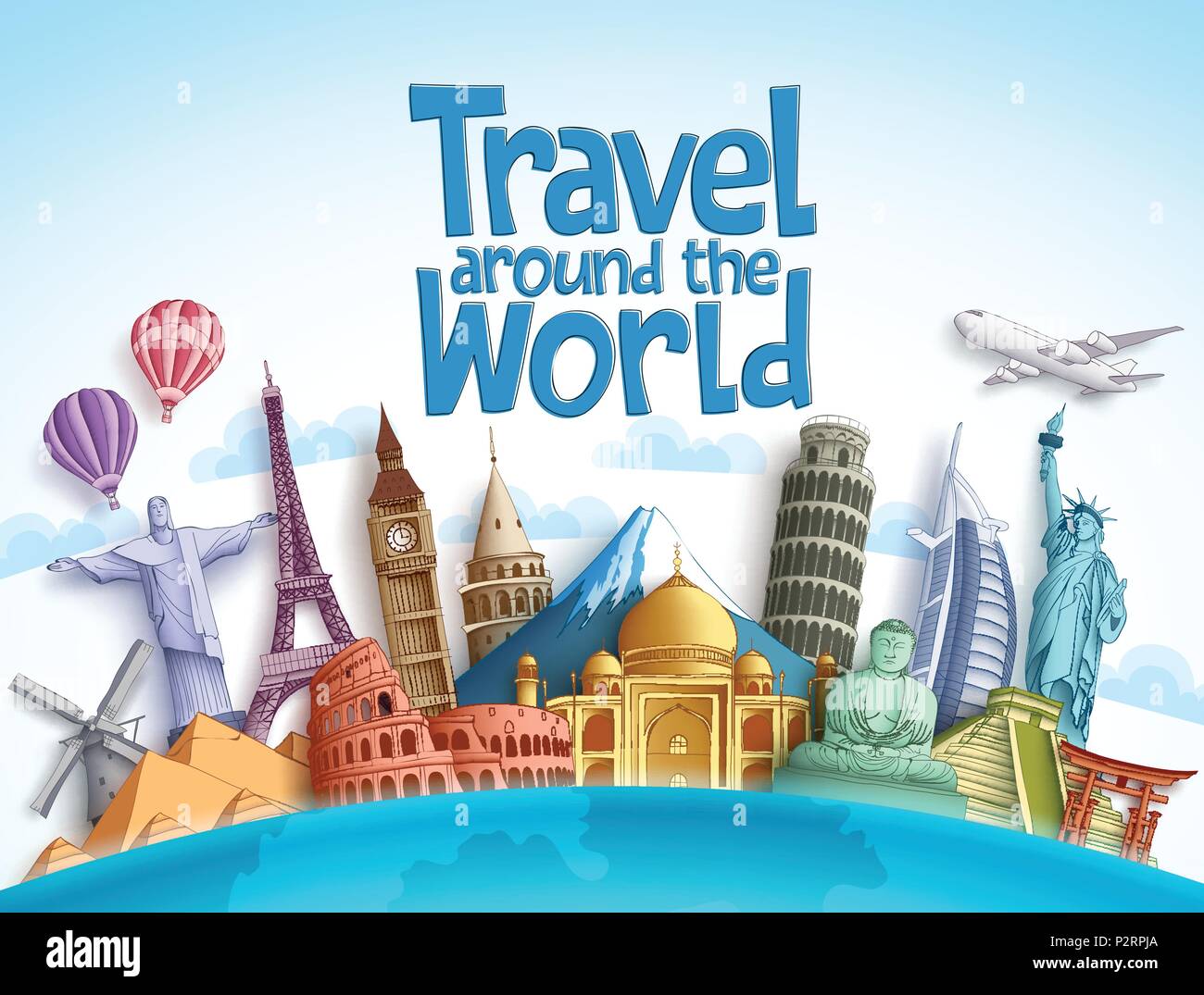 Travel around the world vector design with famous landmarks and tourist ...