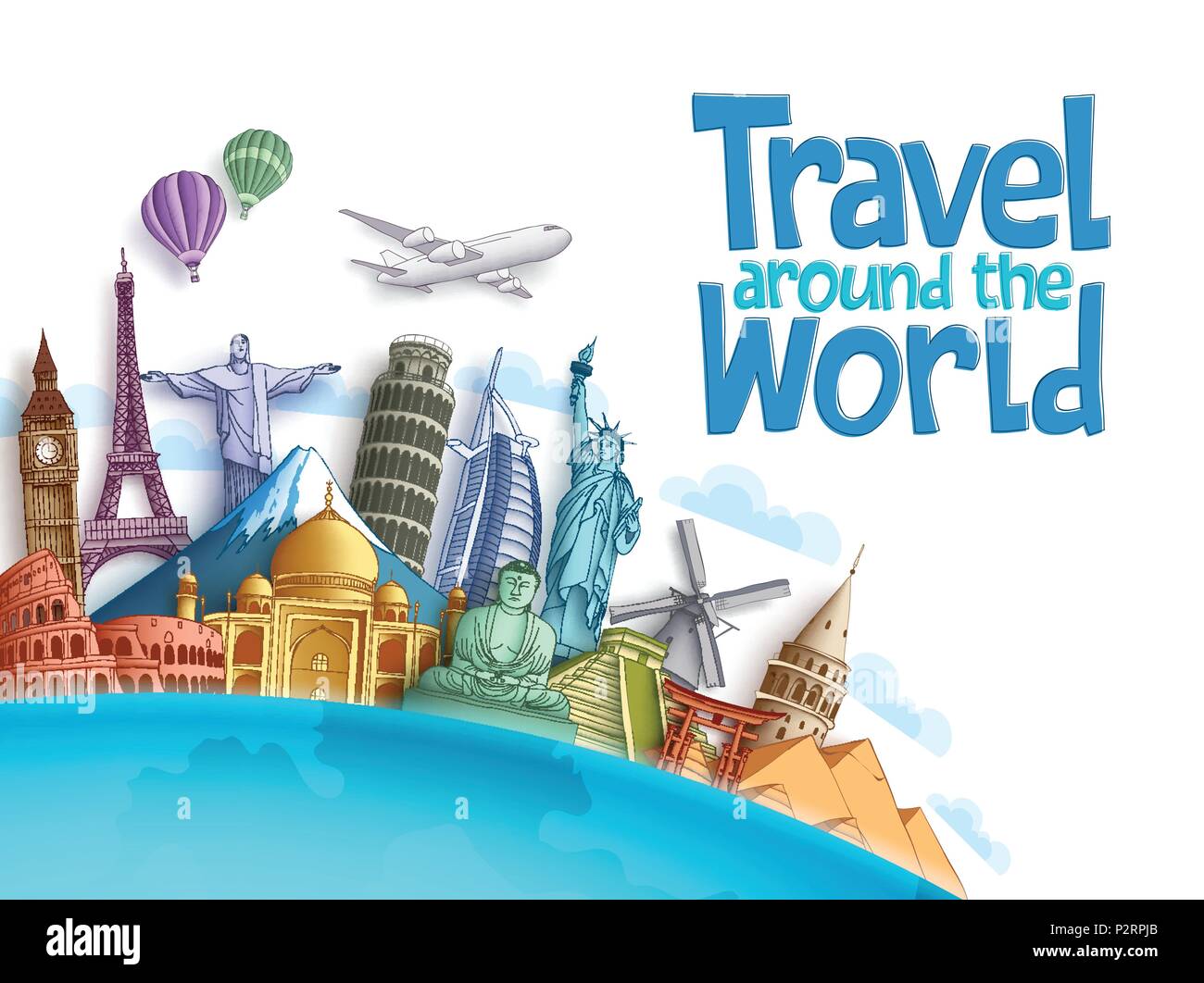 Travel around the world vector background and template with famous ...