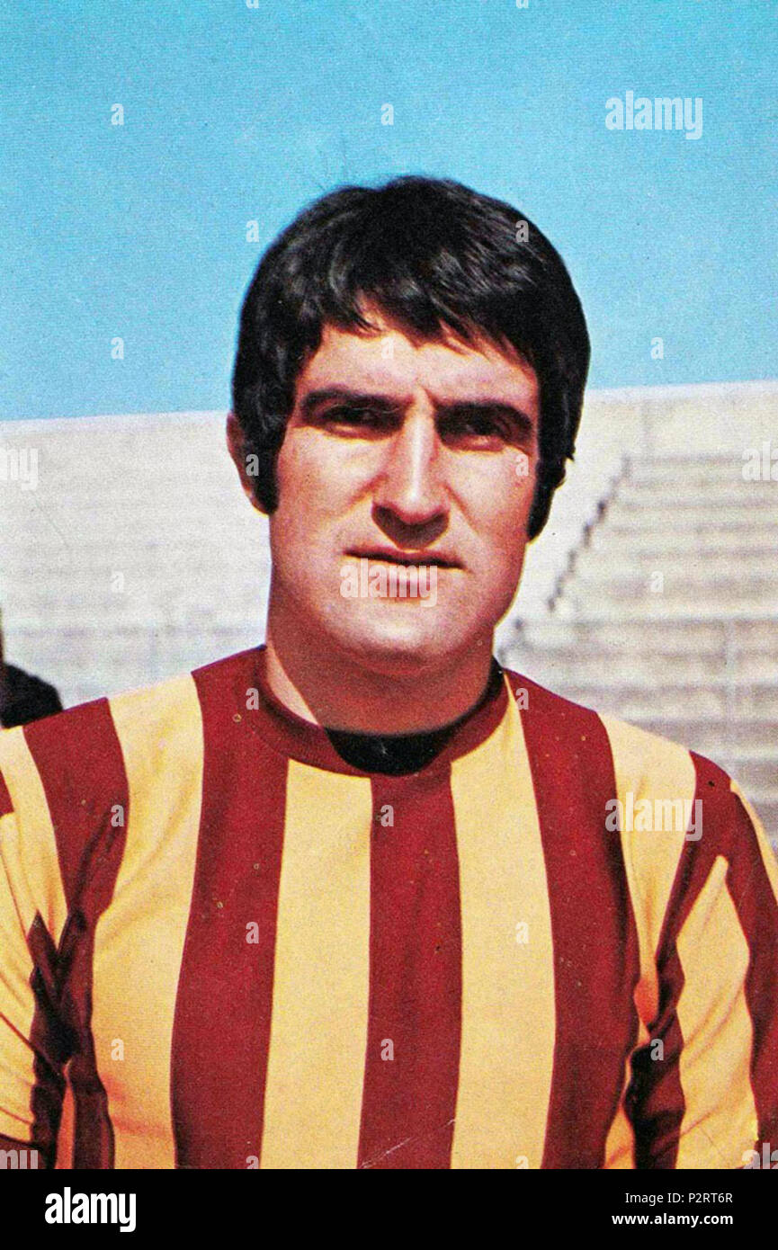 Italian footballer Sergio Santarini with A.S. Roma in the summer of 1971.  Santarini wears a unusual giallorossa striped jersey: it was initially  intended to be A.S. Roma's new home jersey for