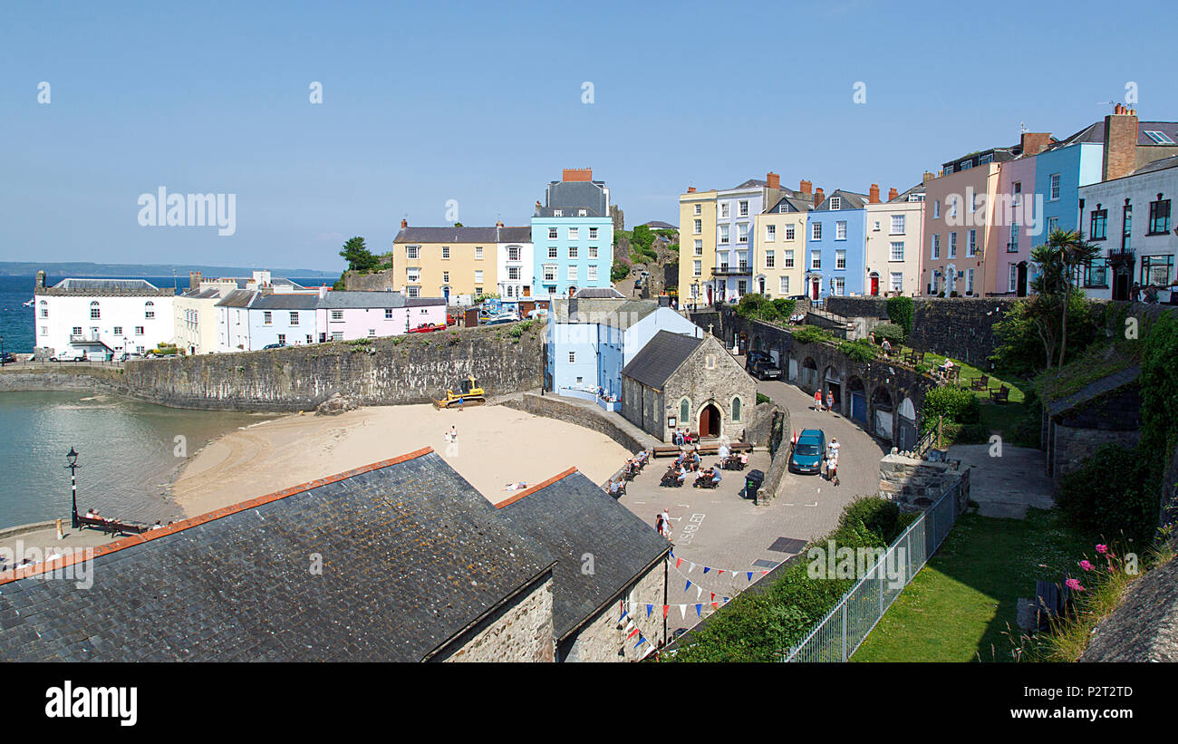 Tenby, UK: June 11, 2018: Tenby is a harbour town and resort in southwest Wales. It’s known for its beautifully painted Georgian era houses and hotels Stock Photo