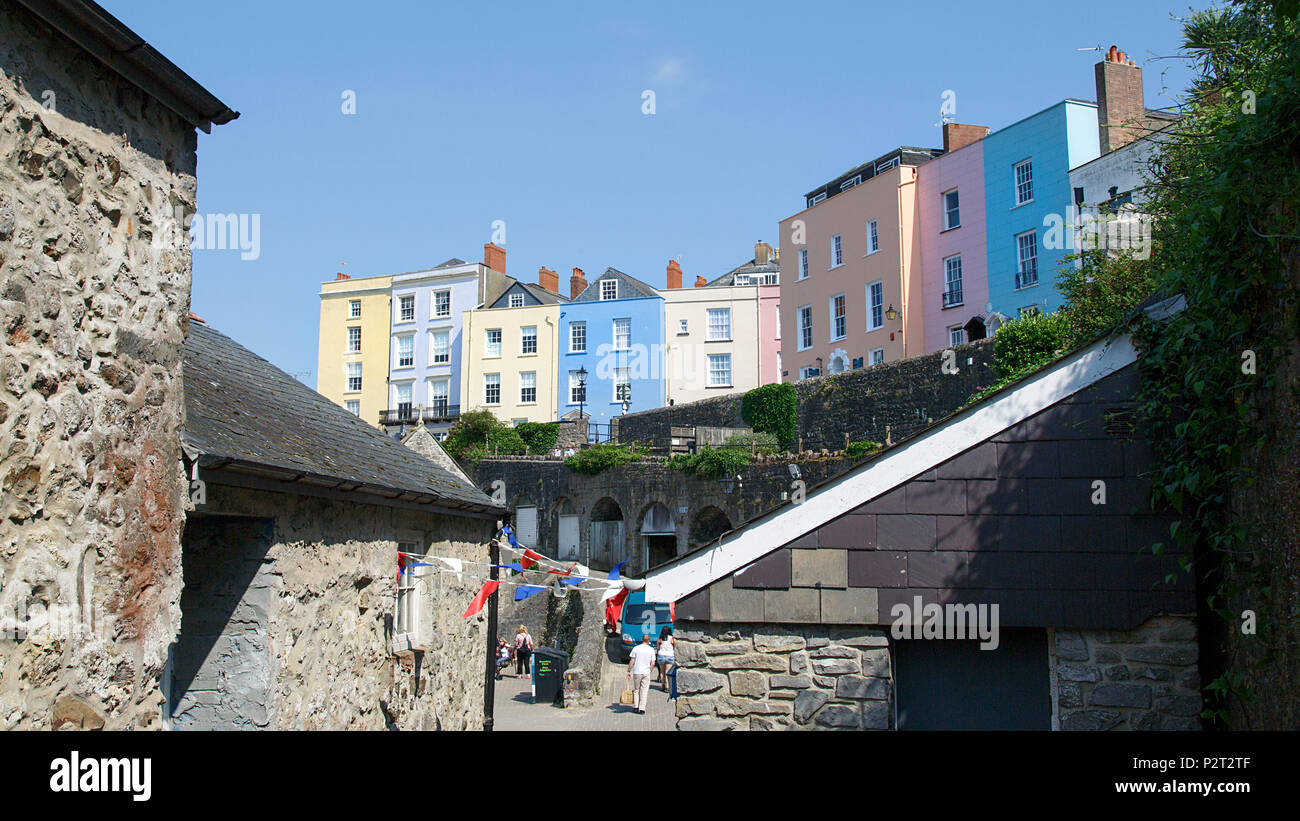 Tenby, UK: June 11, 2018: Tenby is a harbour town and resort in southwest Wales. It’s known for its beautifully painted Georgian era houses and hotels Stock Photo