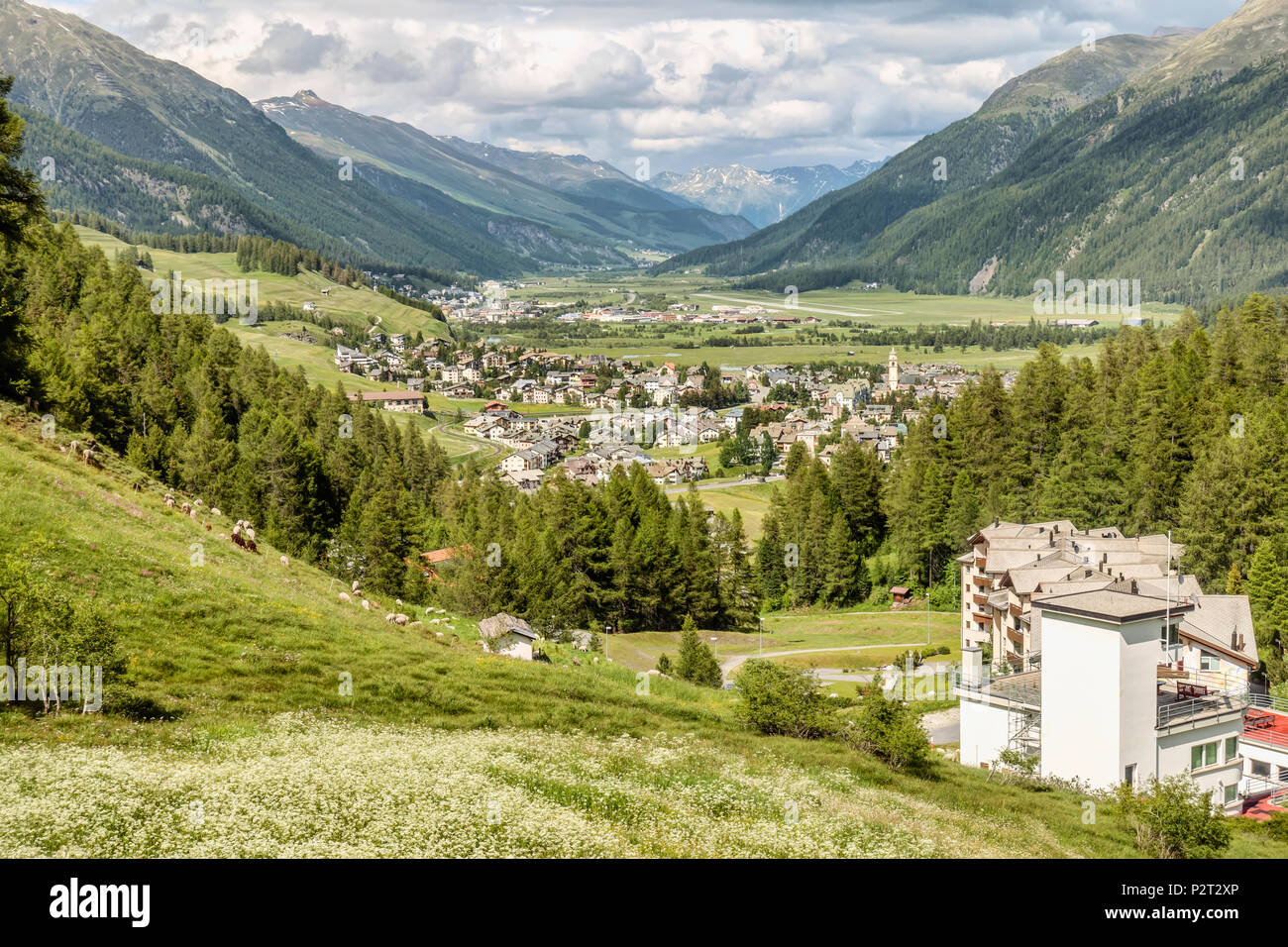 View down the Lower Engadine Valley, seen from St.Moritz, Grisons, Switzerland Stock Photo