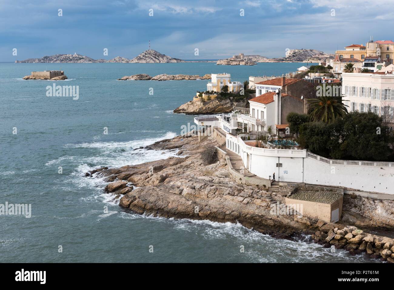 France, Bouches du Rhone, Marseille, La Corniche, Anse de la Fausse Monnaie, hotel resturant Le Petit Nice Passedat and the islands of Friuli Stock Photo