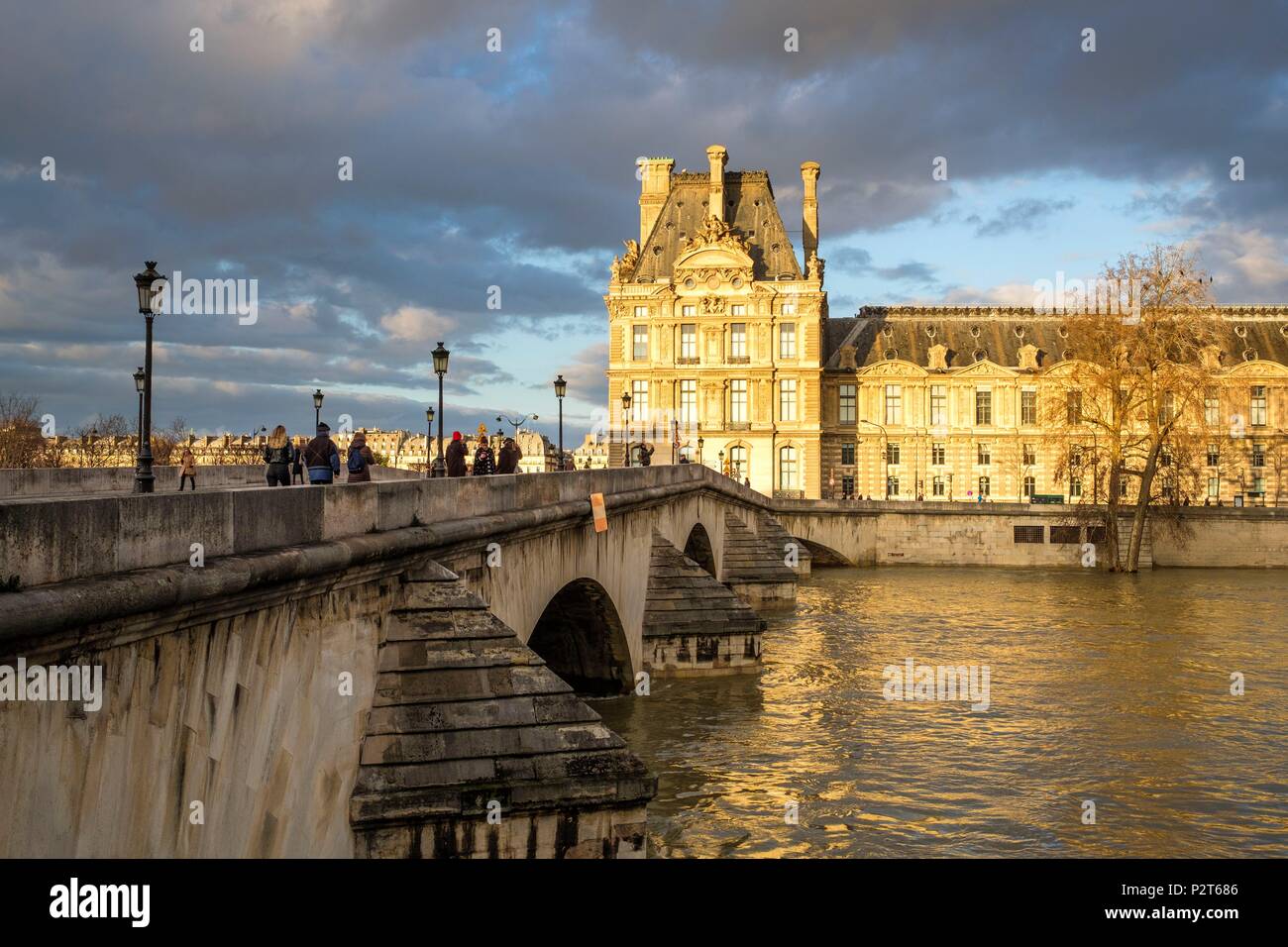 France, Paris, the banks of the Seine river listed as World Heritage by UNESCO, flood of the Seine river (january 2018), Royal bridge and Le Louvre Museum Stock Photo