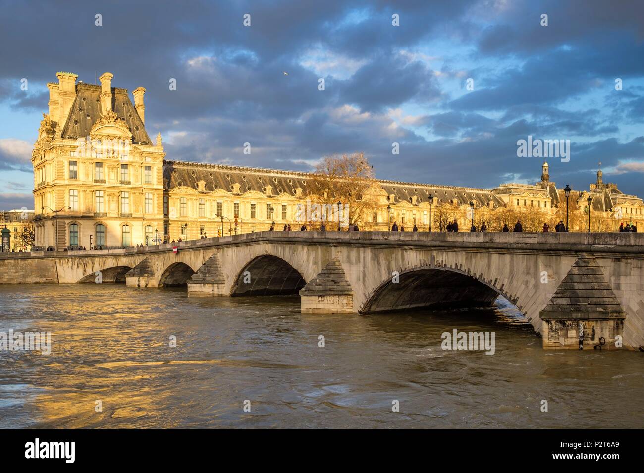 France, Paris, the banks of the Seine river listed as World Heritage by UNESCO, flood of the Seine river (january 2018), Royal bridge and Le Louvre Museum Stock Photo