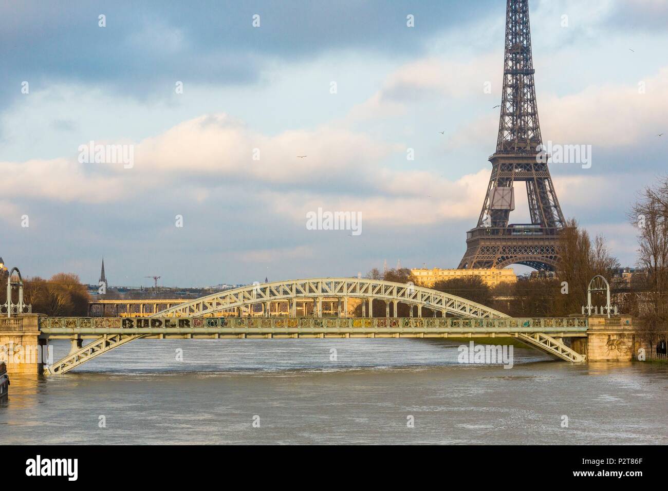 France, Paris, the banks of the Seine, the Seine flood in January 2018 at 5,85m, the bridge Rouelle and the Eiffel Tower Stock Photo