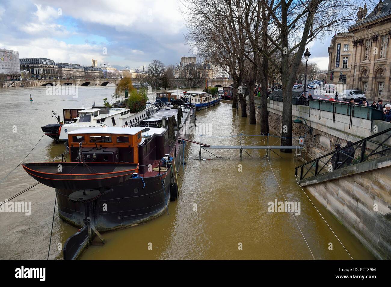 France, Paris, area listed as World Heritage by UNESCO, the flood of the Seine of January 2018, the flooded quai de Conti and the Pont Neuf in the background Stock Photo