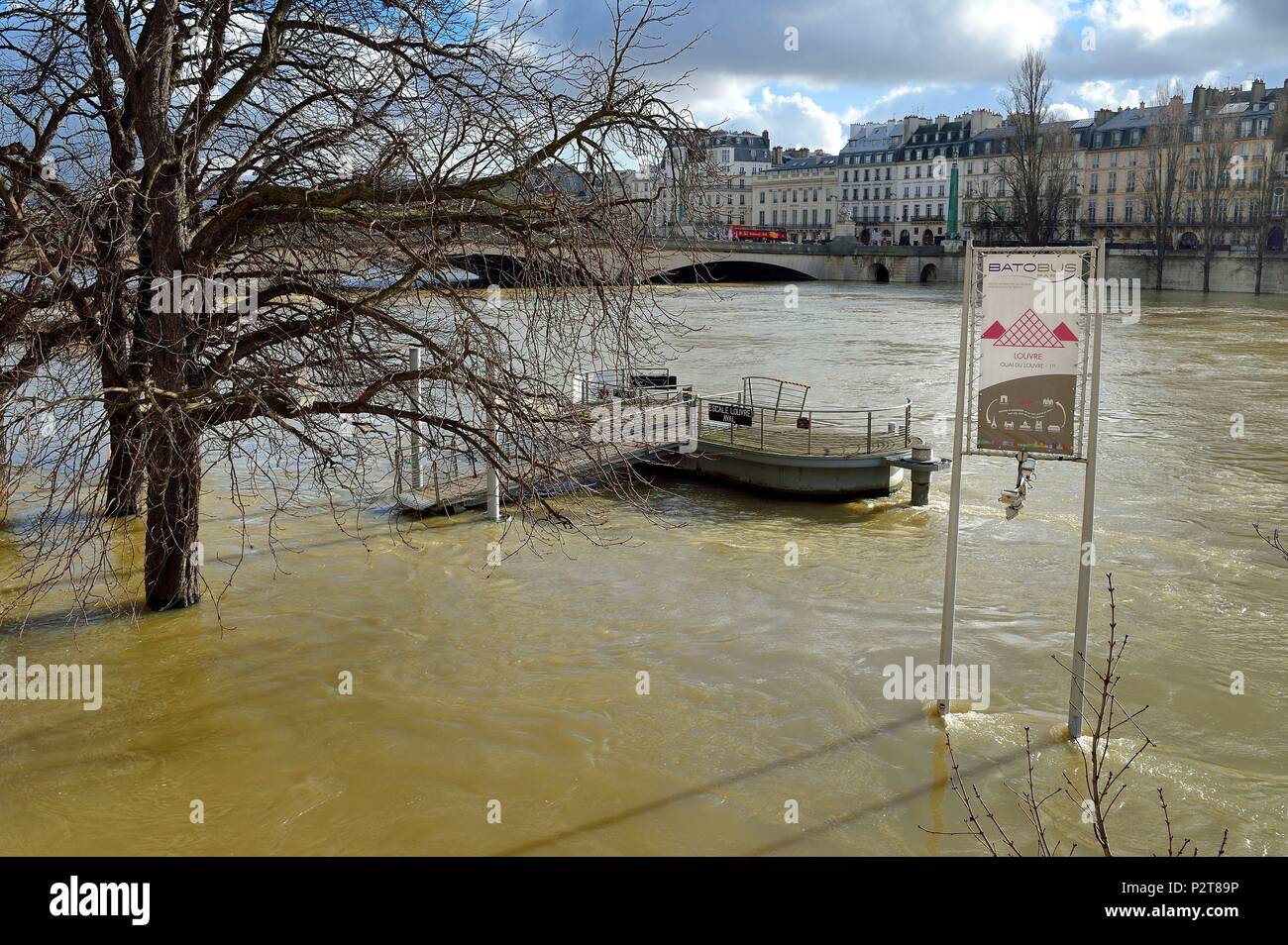 France, Paris, area listed as World Heritage by UNESCO, the flood of the Seine of January 2018, Batobus stop at the Louvre quay, in the background the Carrousel bridge Stock Photo