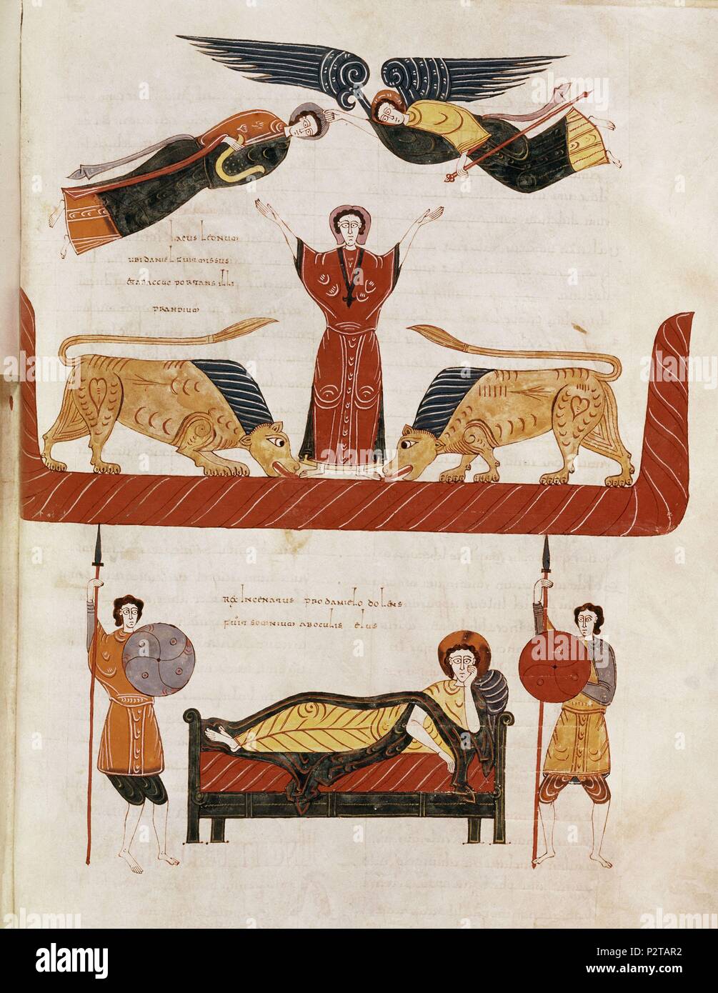 Beato de Ferdinand I. Comments on the Apocalypse. 11th century. Darius sending Daniel to the lion pit. Madrid, National Library. Author: Beatus of Liébana (c. 730-c. 798). Location: BIBLIOTECA NACIONAL-COLECCION, MADRID, SPAIN. Stock Photo