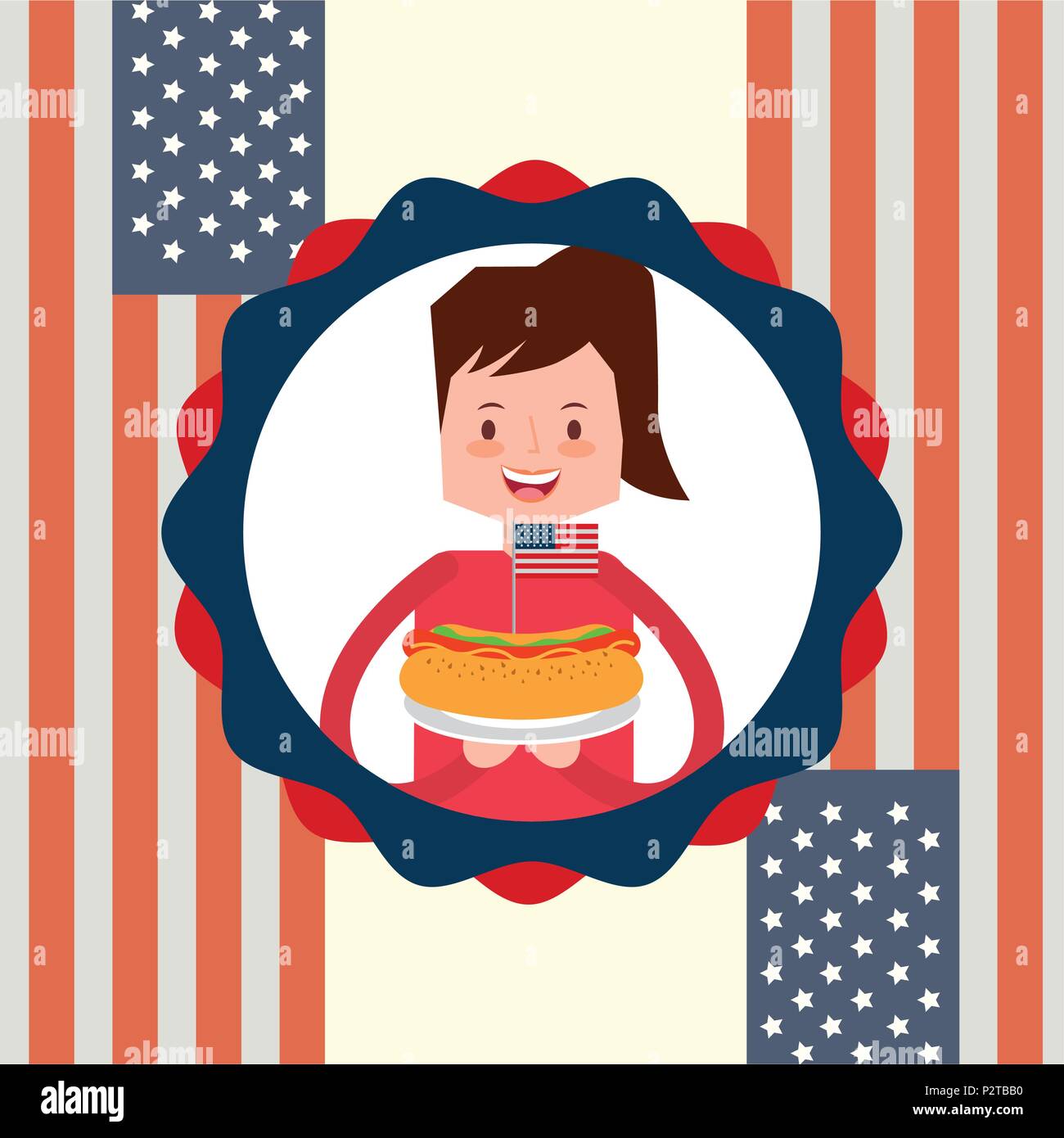 woman holding hot dog with flag american independence label decoration vector illustration Stock Vector