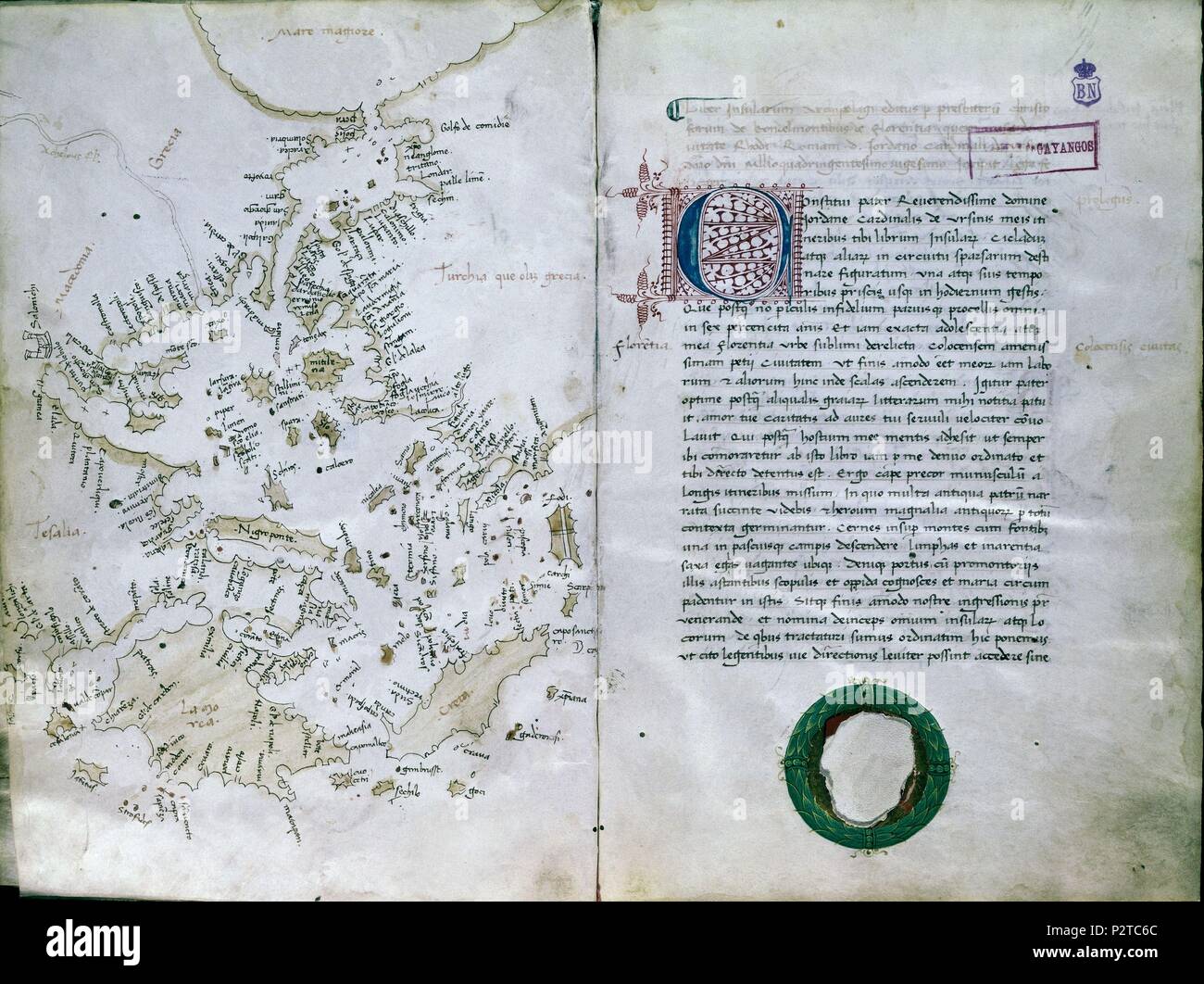 LIBRO DE ISLAS: MAPA DE LAS ISLAS GRIEGAS. Author: Chrisioval Bondelmontes. Location: BIBLIOTECA NACIONAL-COLECCION, MADRID, SPAIN. Stock Photo