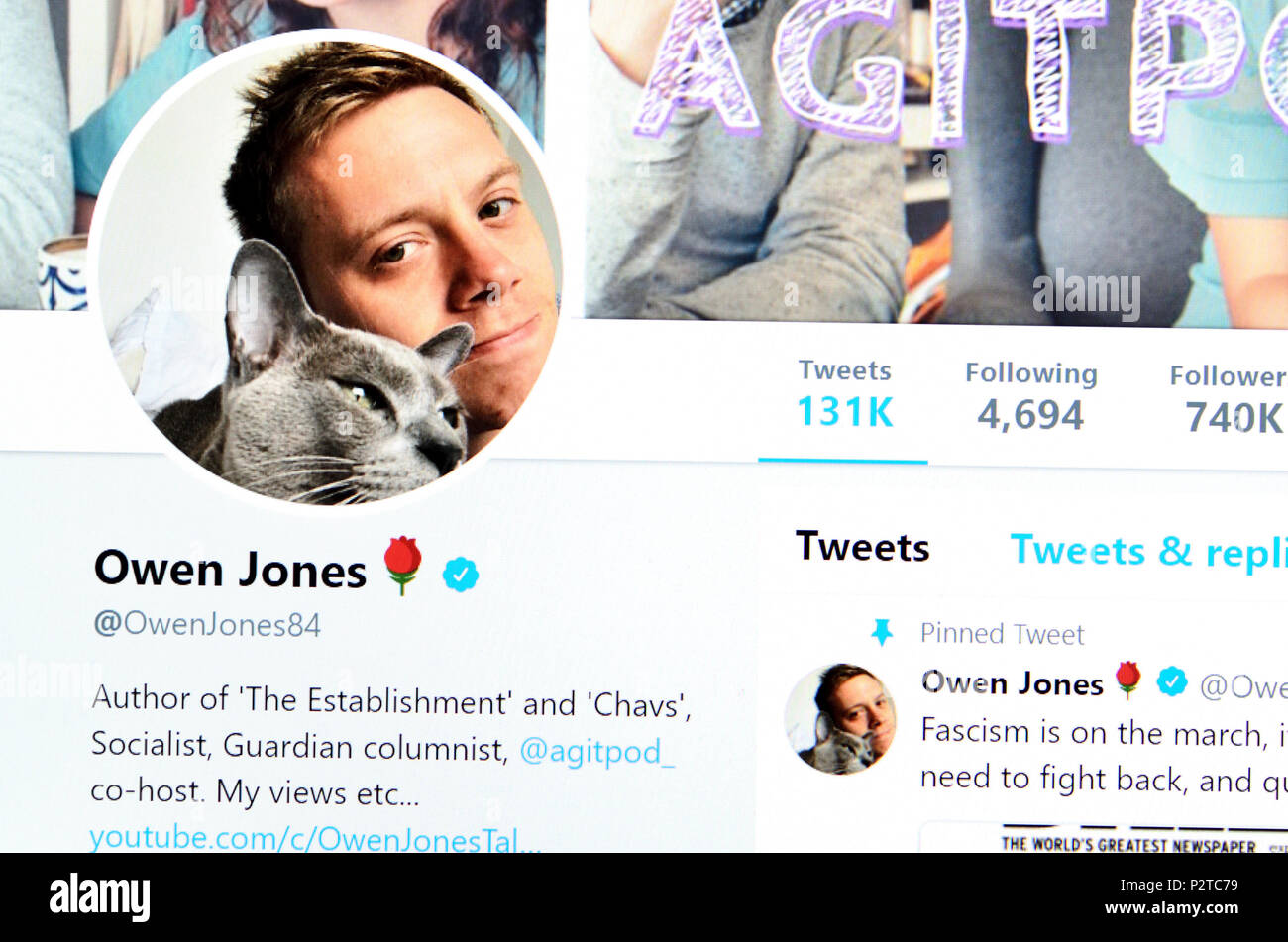 Owen Jones Twitter page (2018) Stock Photo