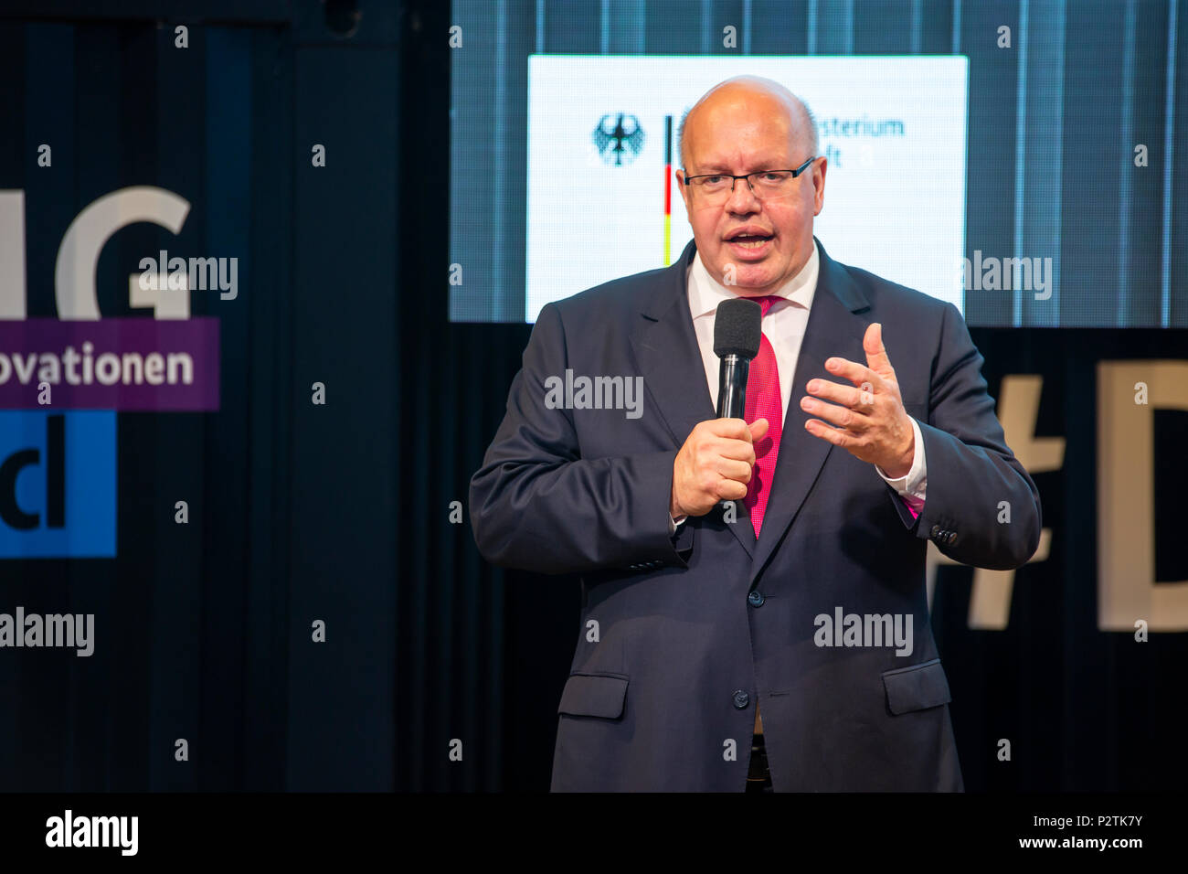 Hannover, Germany. 12th June, 2018. CEBIT 2018 opening walk with Peter Altmaier, Federal Minister for Economic Affairs and Energy Germany. CEBIT 2018, international computer expo and Europe's Business Festival for Innovation and Digitization. Credit: Christian Lademann Stock Photo