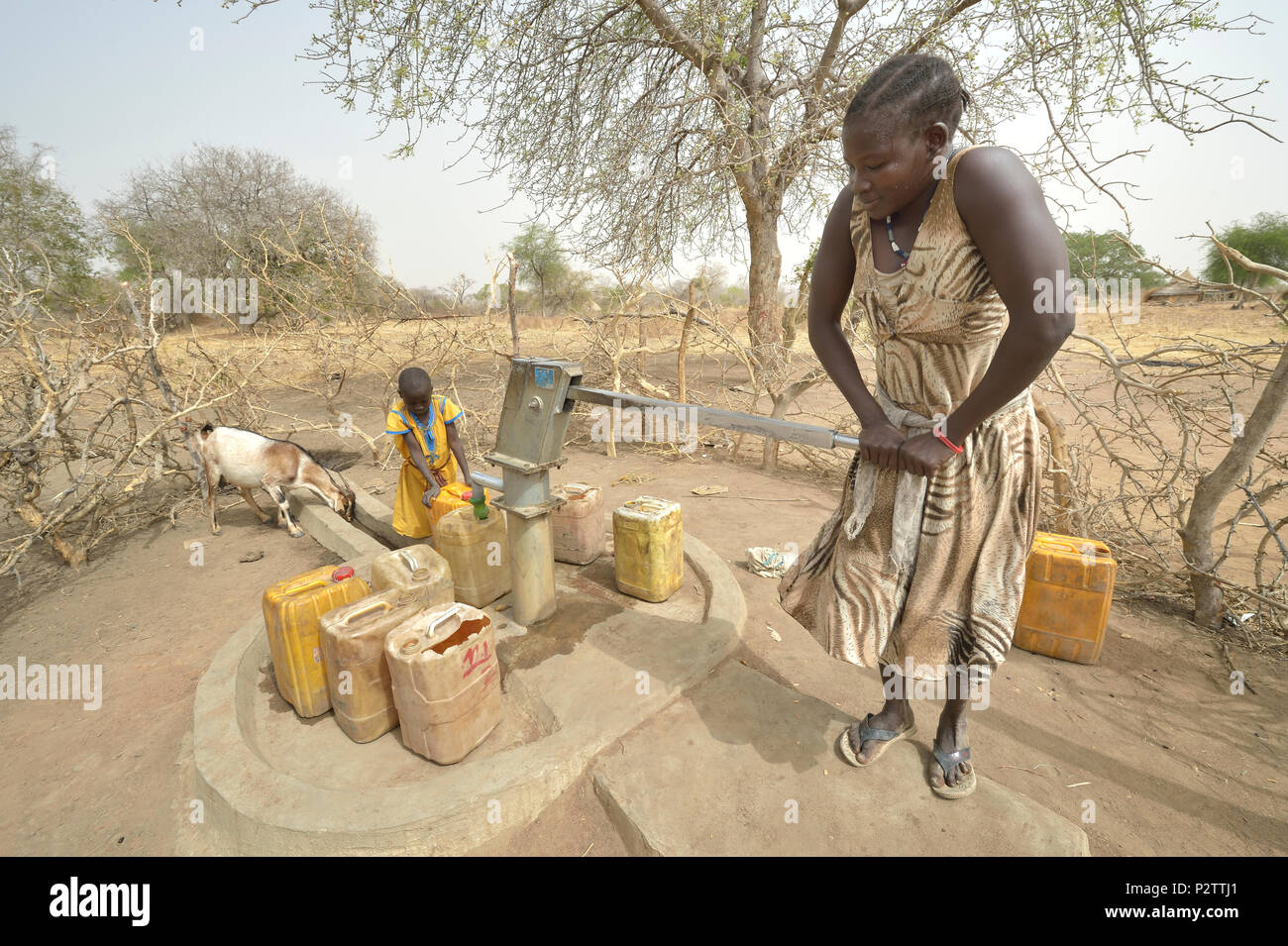 With help from her 8-year old daughter Atap, Atouc Dut pumps water from a well in Malek Miir, a village in South Sudan's Lol State. Stock Photo