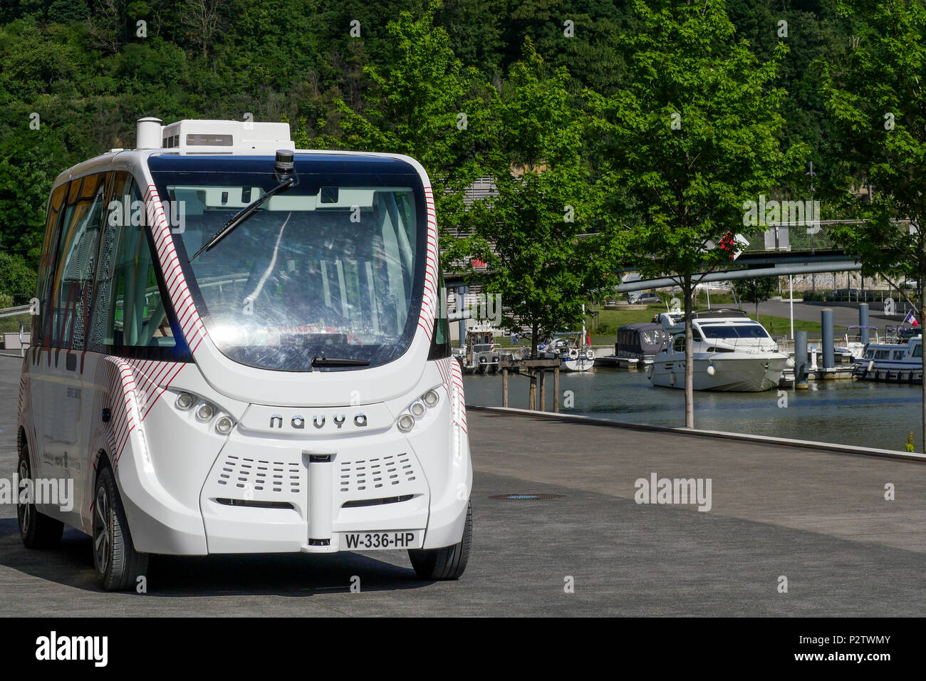 Navly, driverless automatic shuttle, Confluence district, Lyon, France Stock Photo