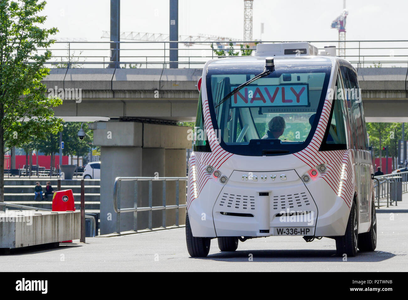 Navly, driverless automatic shuttle, Confluence district, Lyon, France Stock Photo