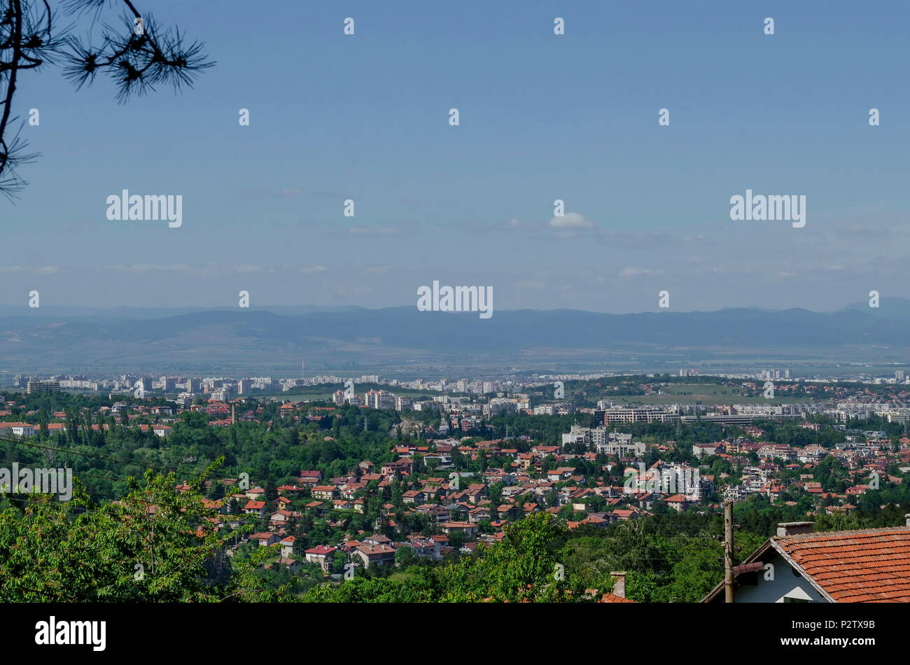 Cityscape of bulgarian capital city Sofia from the top of Vitosha mountain near by Knyazhevo, Sofia, Bulgaria, Europe Stock Photo