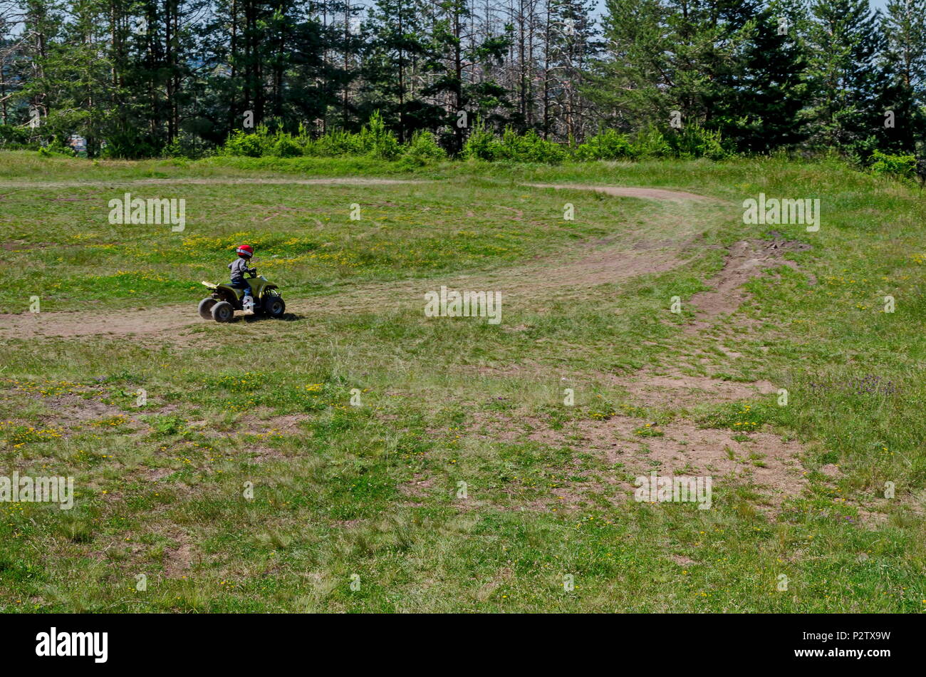 View of springtime glade, dreen forest and child drive small motor, Vitosha mountain, Bulgaria Stock Photo