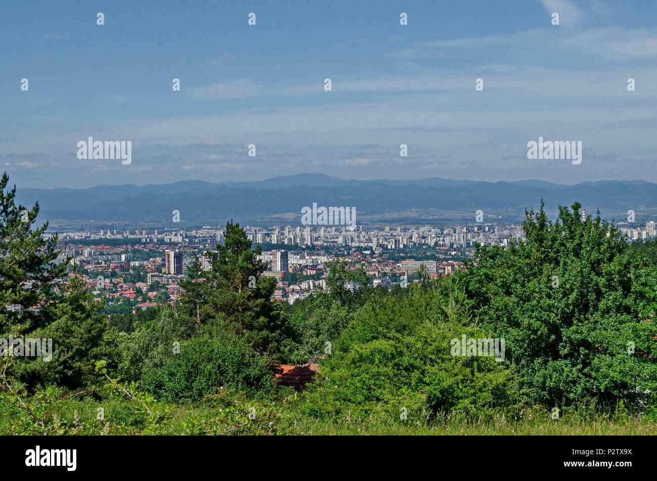 Cityscape of bulgarian capital city Sofia from the top of Vitosha mountain near by Knyazhevo, Sofia, Bulgaria, Europe Stock Photo