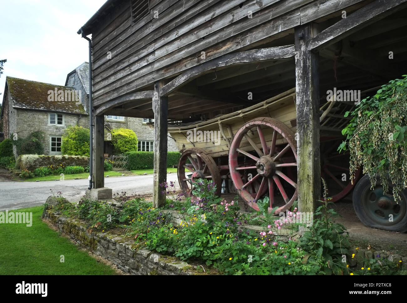 Wooden farm cart, Lower House Farm Huntington, Herefordshire, England, Uk Stock Photo