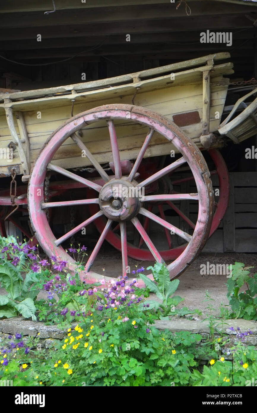 Wooden farm cart, Lower House Farm Huntington, Herefordshire, England, UK Stock Photo