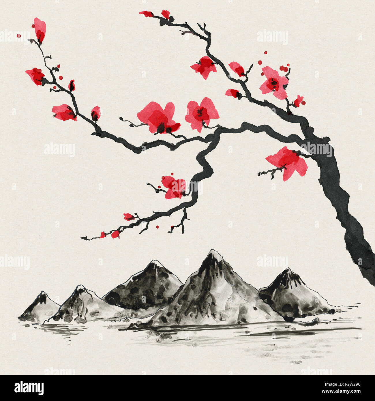 Canvas Print Mountains in Japanese painting style. Traditional Beautiful  watercolor hand drawn illustration 