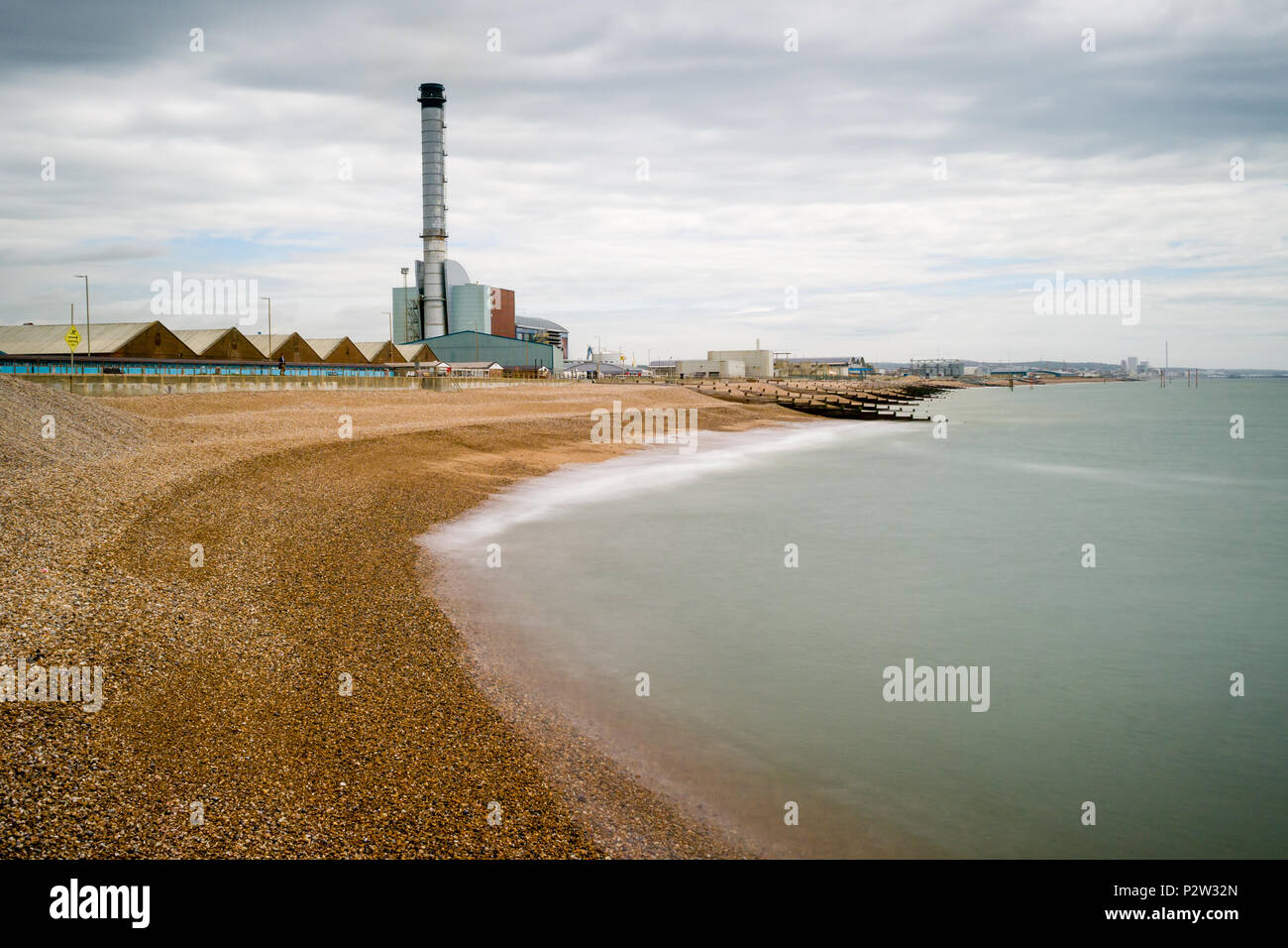 Shoreham power station from the beach at Shoreham Harbour, East Sussex, England, UK. Stock Photo