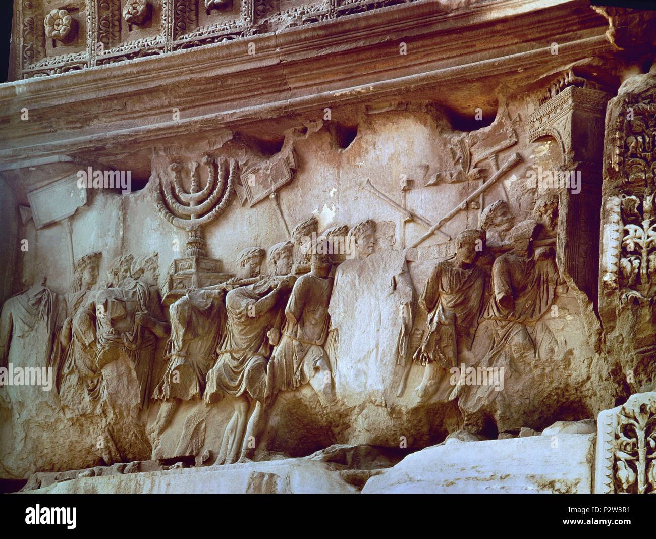 Detail from the Conquest of Jerusalem in 70 A.D.. Built by order of Domiciano in 81 A.D.. Roma, Arch of Titus. Location: ARCO DE TITO, ROME, ITALIA. Stock Photo